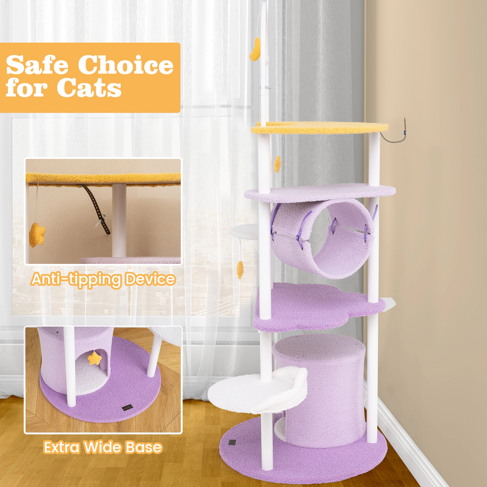 Glintex 62-Inch Starry Sky Cat Tower with Moon Platform Tunnel and Metal Posts, Purple