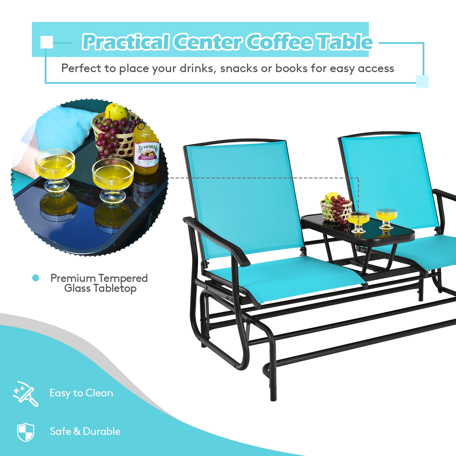 SUGIFT 2-Person Rocking Conversation Loveseat with Mesh Fabric and Center Tempered Glass Table 530-lb Capacity Turquoise