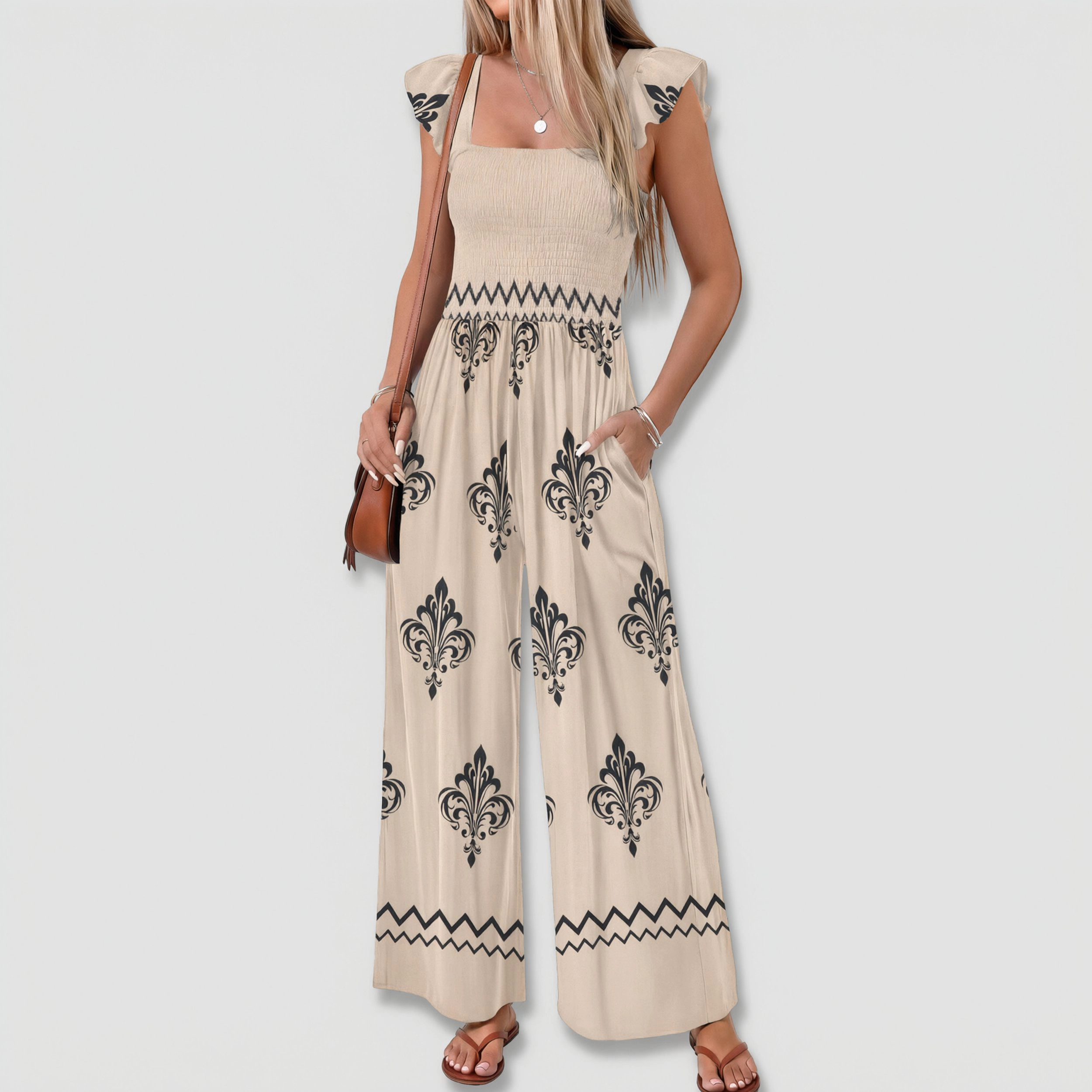 Ekouaer Women's Floral Square Neck Ruffle Sleeve Wide Leg Jumpsuit