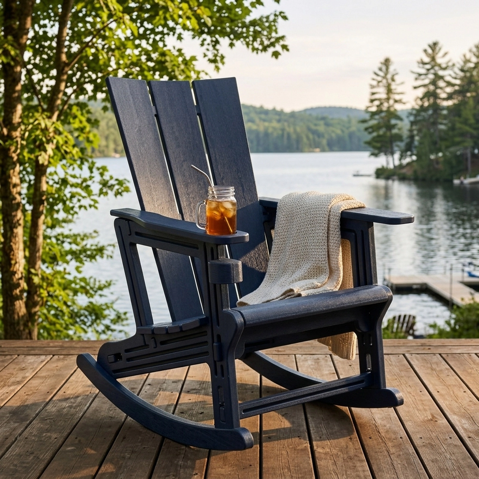 SUGIFT Blue HDPE Adirondack Patio Chair with Cup Holder, Quick-Drain Slatted Seat, 330-lb Capacity