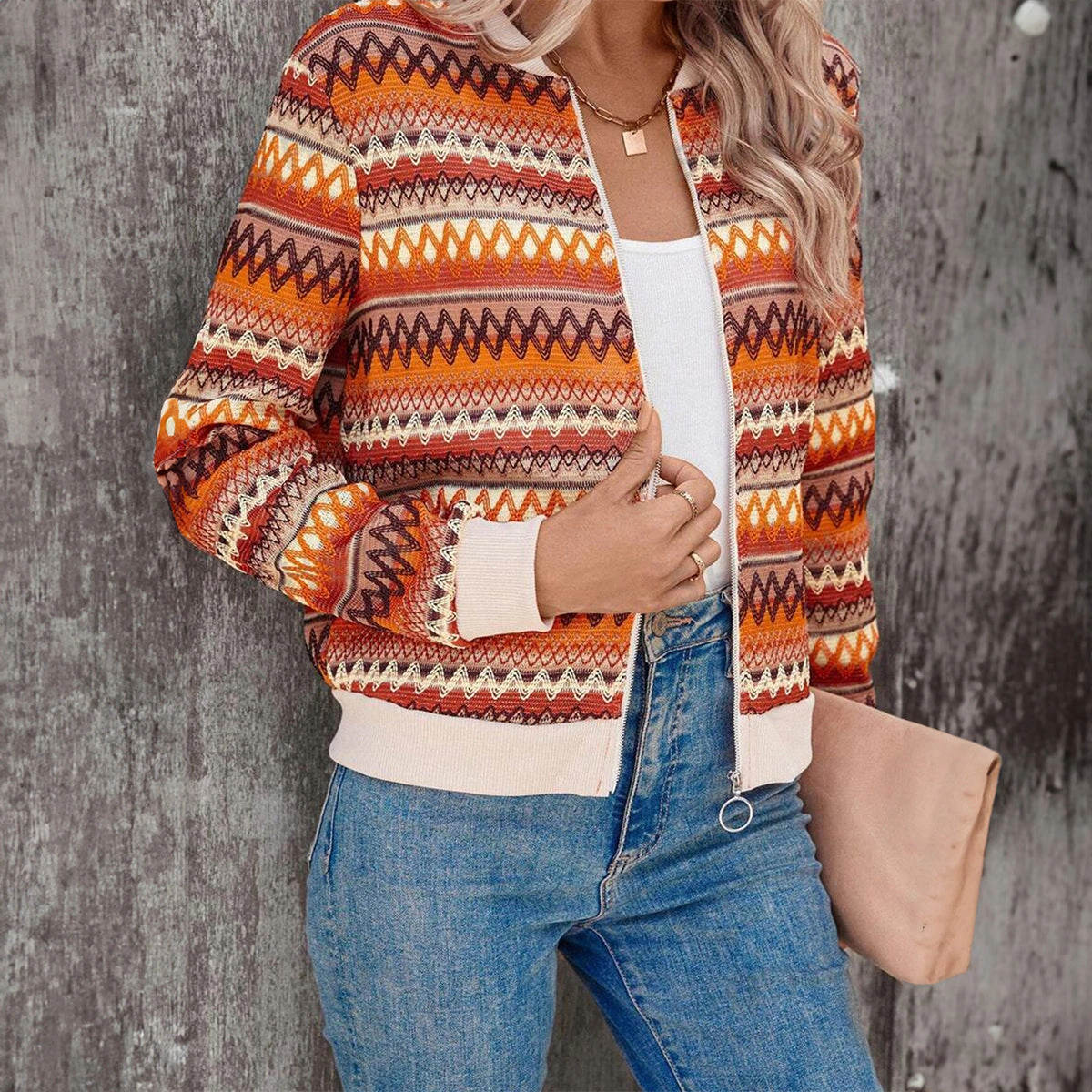 Sol Living Womens Orange Boho Striped Zip Up Long Sleeve Jacket
