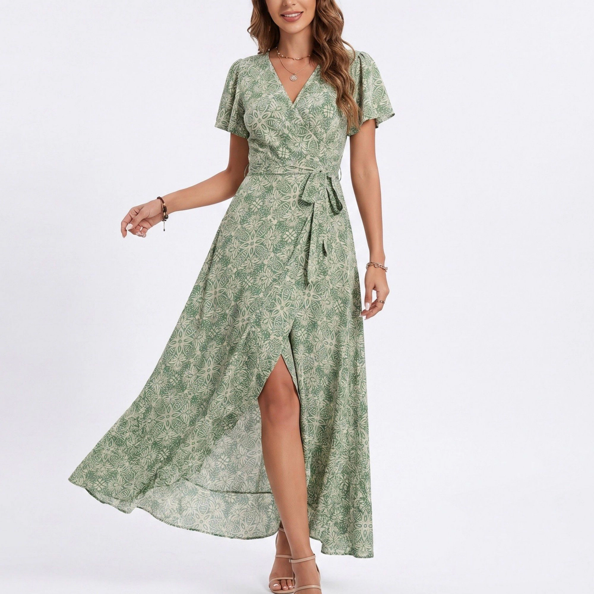 Anna-Kaci Women's Floral Print Wrap V-Neck Short Flutter Sleeves Tie Waist Front Slit Maxi Dress