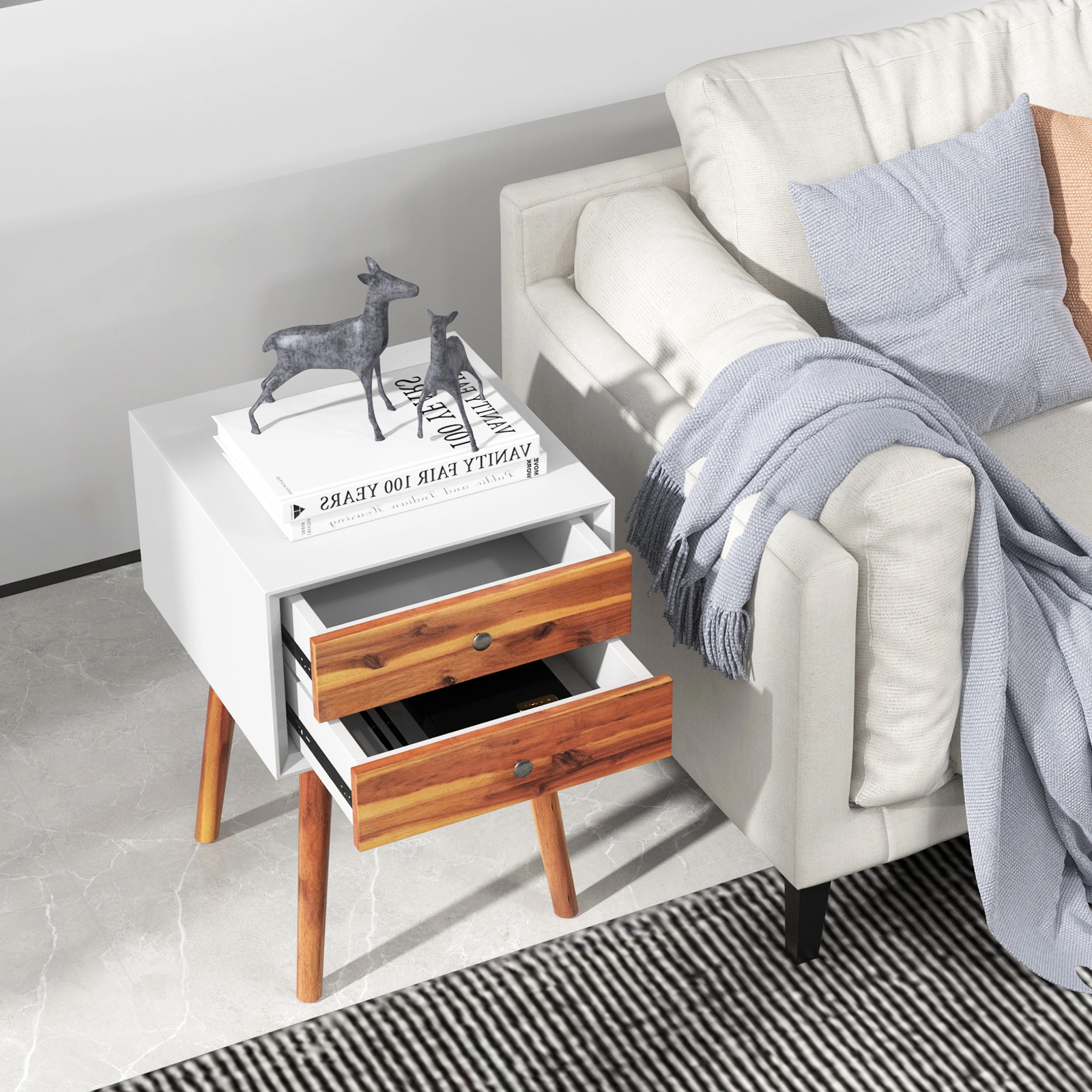 Hivvago Mid-Century Wooden Multipurpose End Table with 2 Storage Drawers