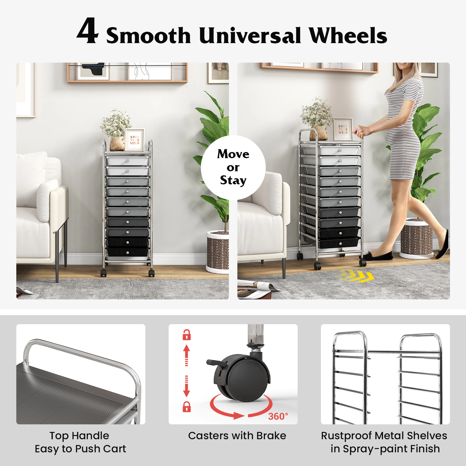 SUGIFT 10-Drawer Rolling Storage Cart Organizer with 3-lb Drawer Capacity and 4 Universal Casters Gradient Gray