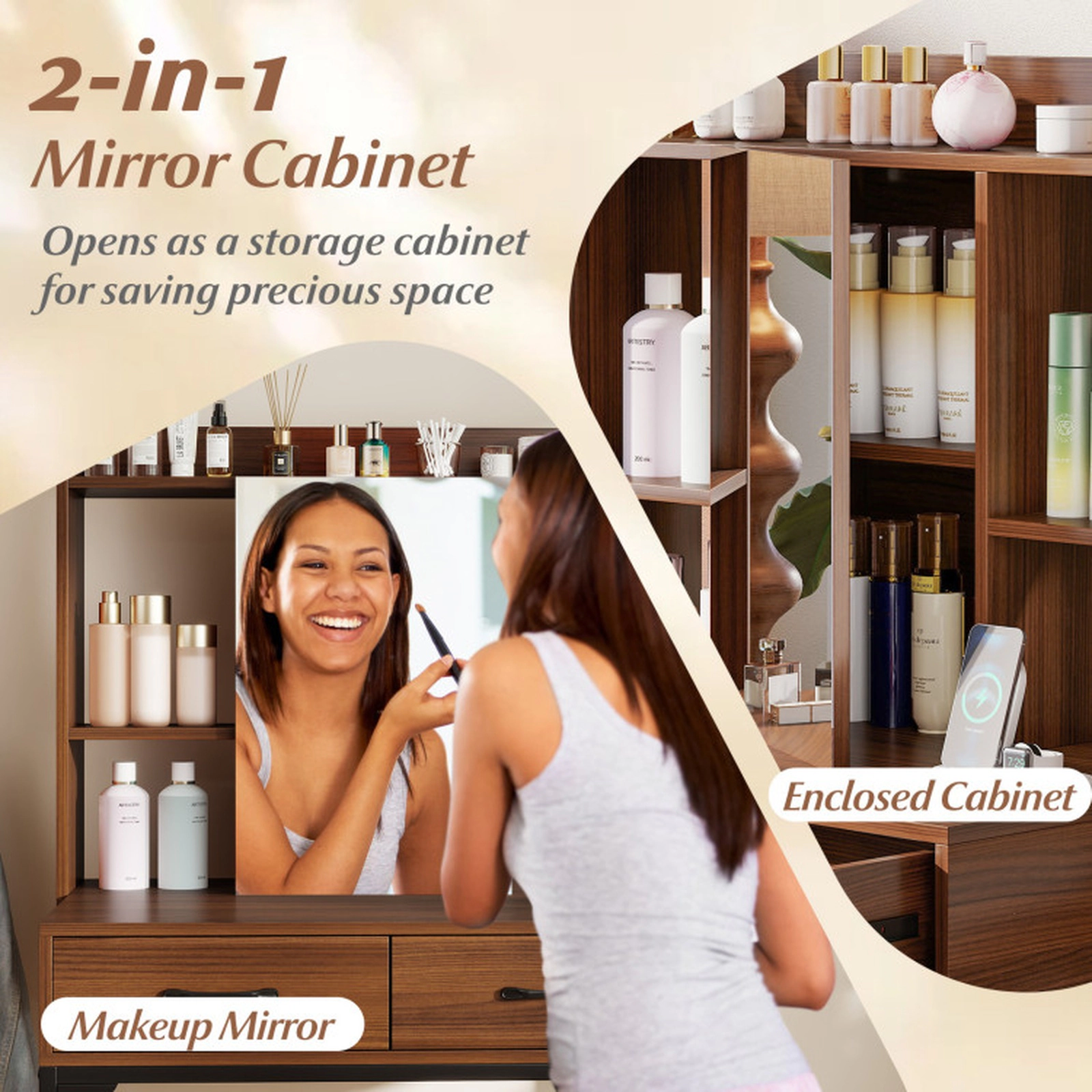 SUGIFT Vanity Desk Mirrored Cabinet, Storage Drawers & Charging Station 44-lb Tabletop Capacity with Stool White/Walnut