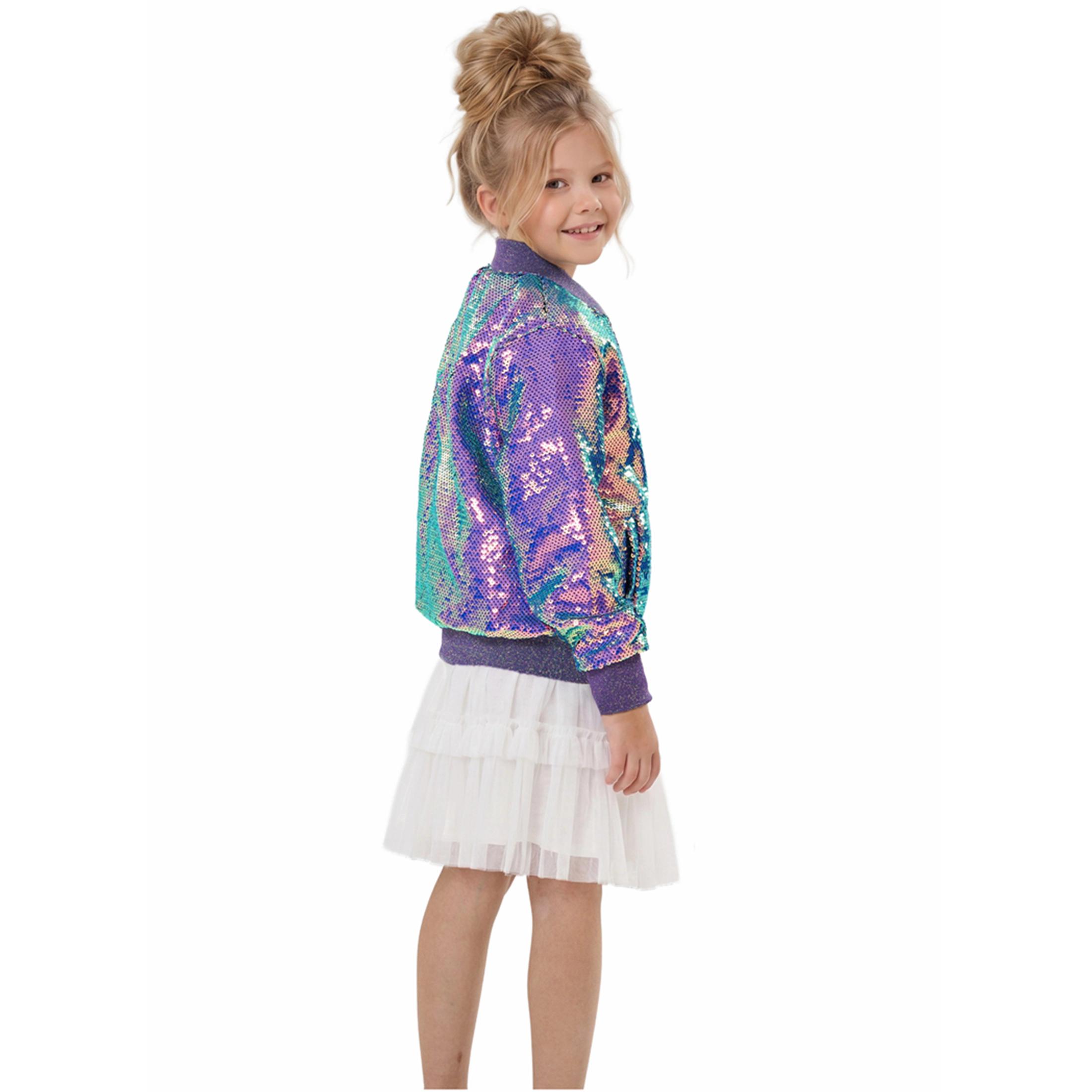 2Bunnies Girls' Mermaid Iridescent Sequin Bomber Jacket
