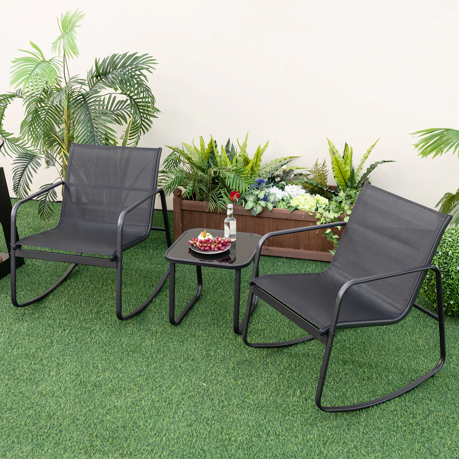 SUGIFT 2 Rocking Chairs and Glass Top Table 3-Piece Patio Bistro Set