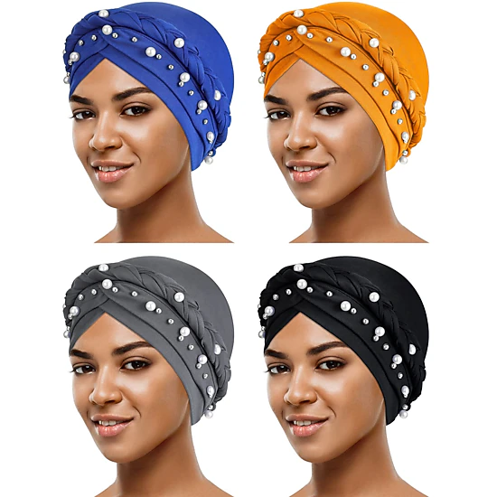 PIGFDK 4 Pieces Turban For Black Women Cap Head Wraps Beaded Headscarf Beanie Wrap