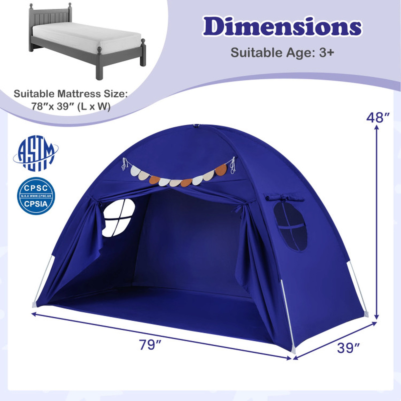 SUGIFT Navy 2 Windows Twin Size Kids Indoor Bed Canopy Tent