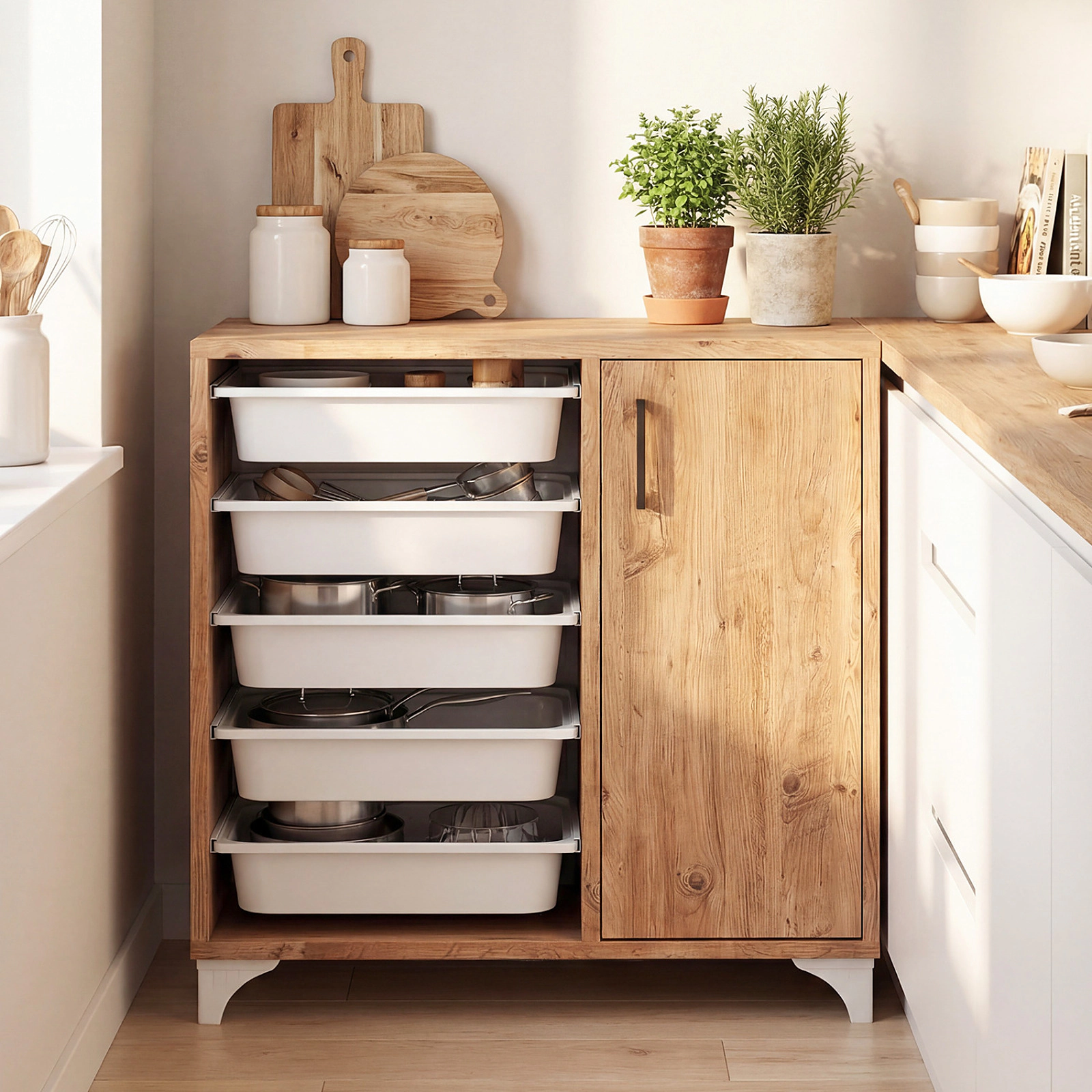 SUGIFT 5-Drawer Removable Bins Single Door Buffet Sideboard 30.5-in x 12-in x 30.5-in 40-lb Net Weight Natural