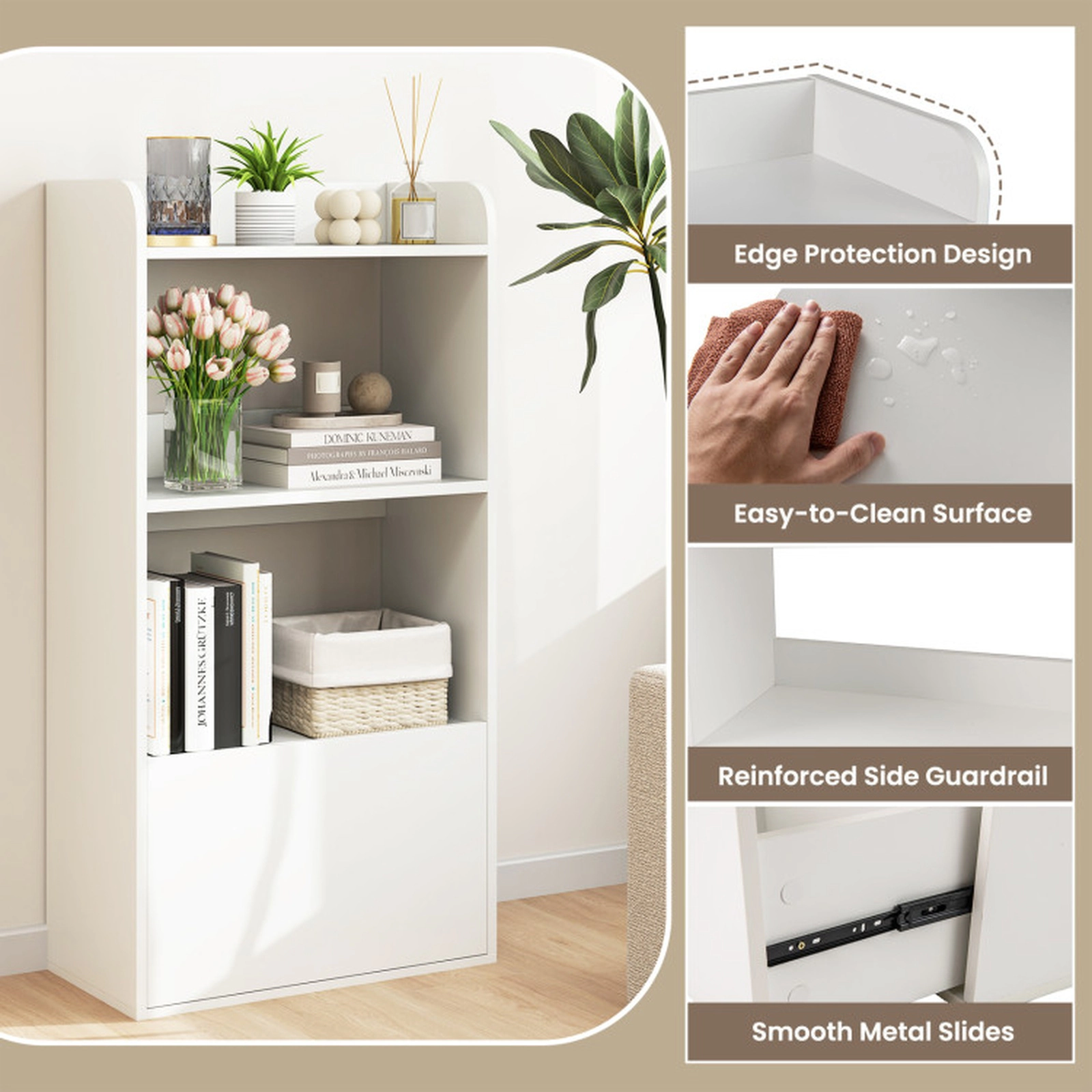 SUGIFT 3-Tier White 41.5-in Freestanding Bookshelf with Storage Drawer and Side Guardrails for Bedroom