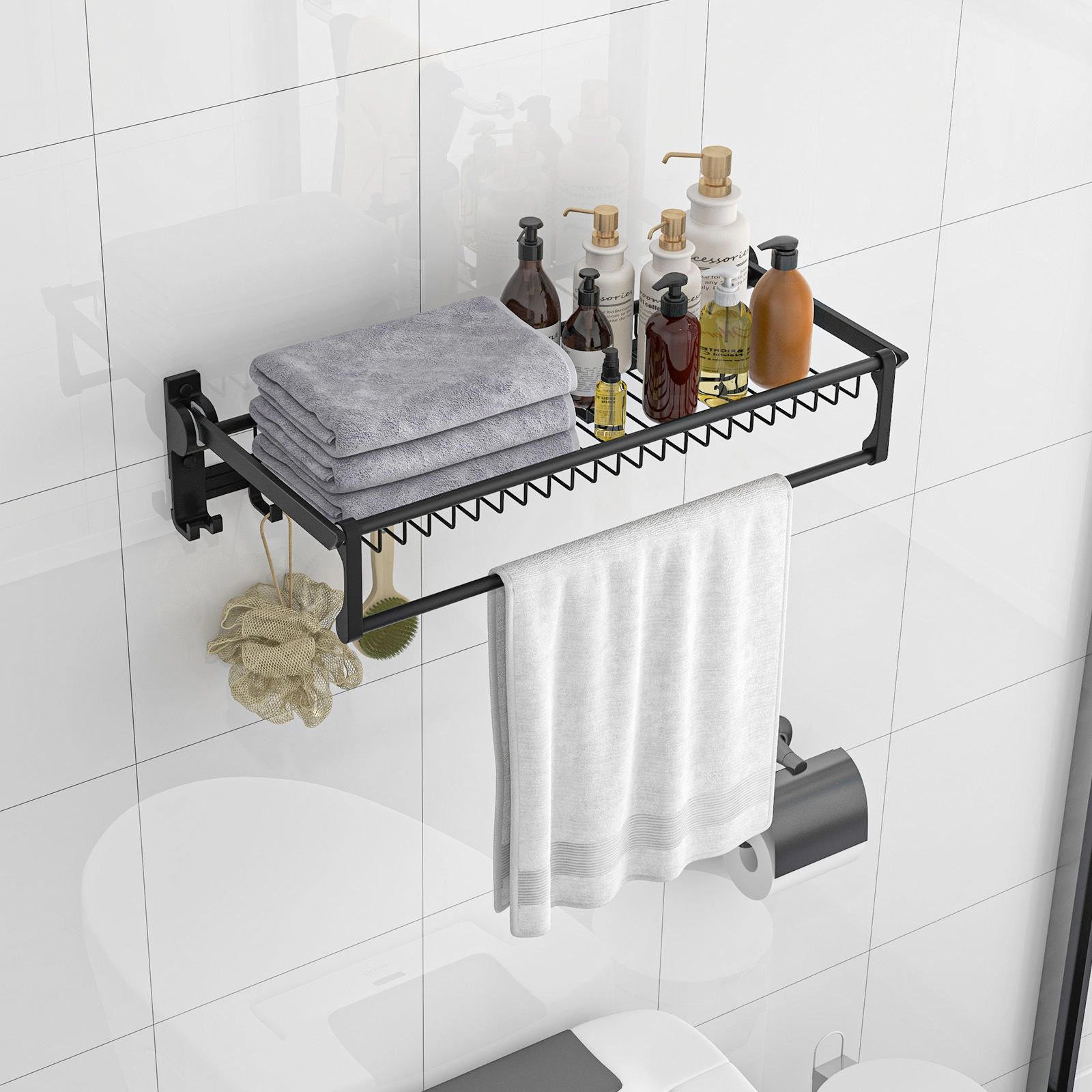 SlickBlue Wall Mounted Towel Rack with Hooks and Storage Basket