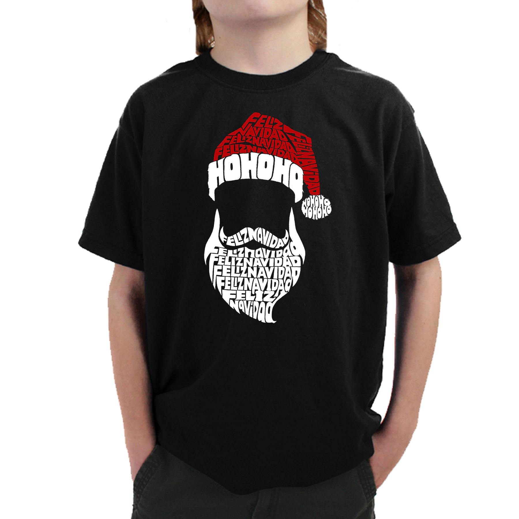 LA Pop Art Boy's Word T-Shirt - Feliz Navidad Santa Claus