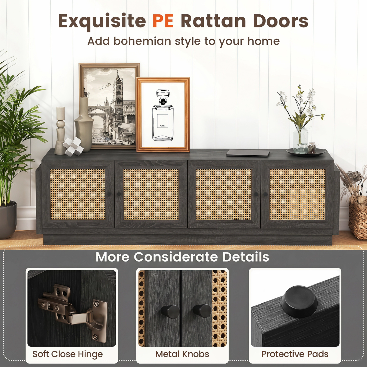 Glintex 70-Inch Farmhouse TV Stand with 4 Rattan Doors and 8 Cable Holes