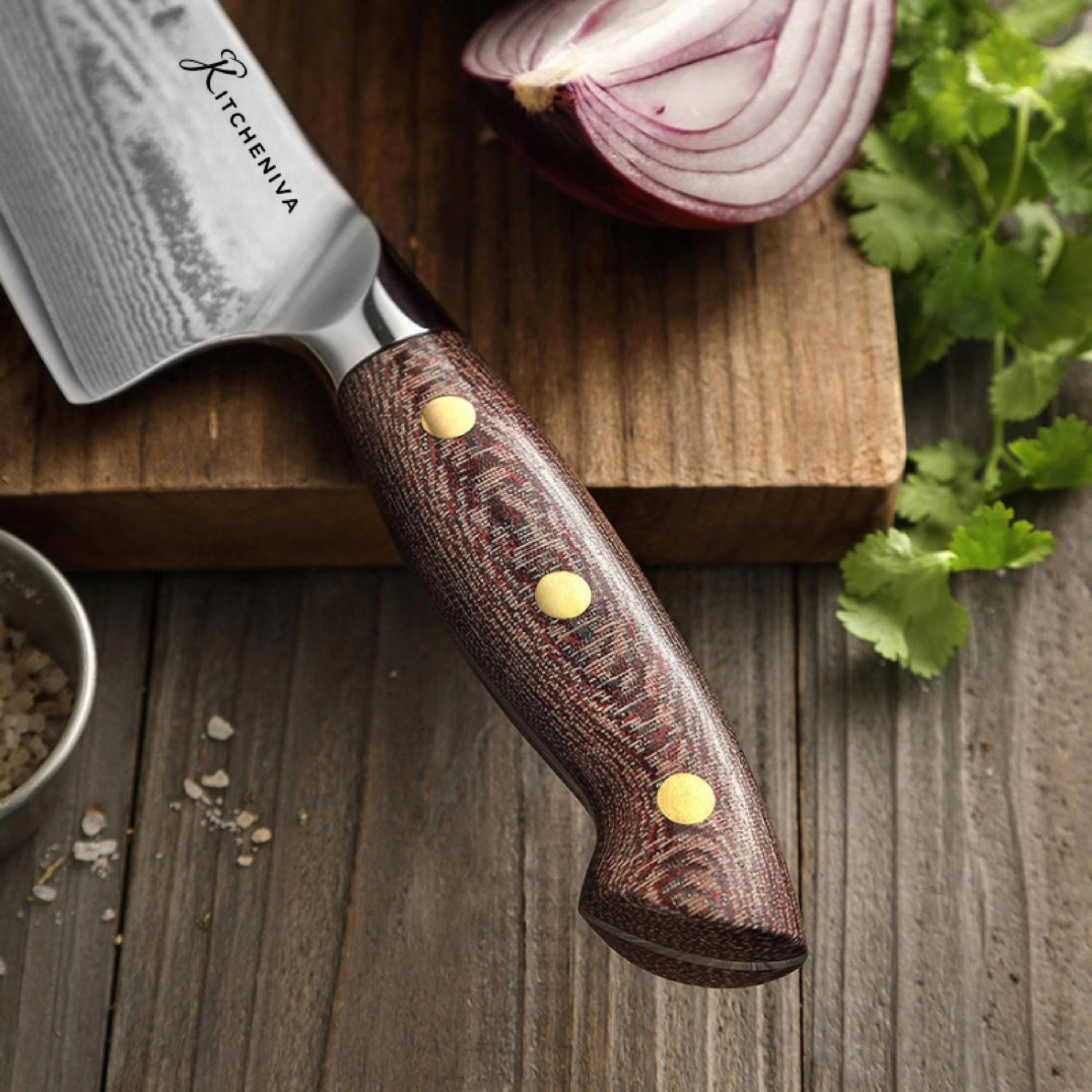 Kitcheniva 8-Inch 67 Layer Damascus Steel Chefs Knife And 5" Carving Fork With Micarta Handle