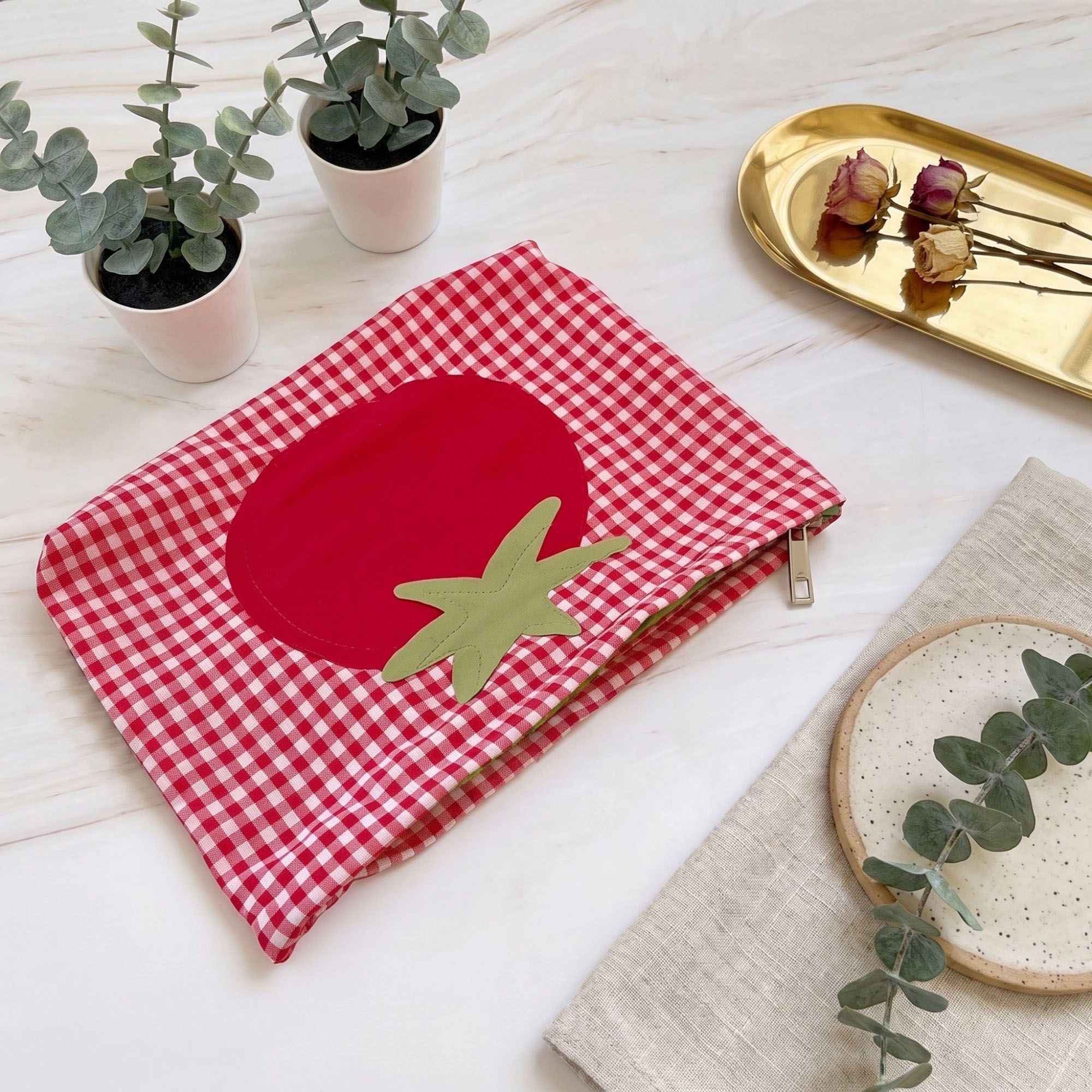 Alilang Unisex Tomato Applique Gingham Zippered Cosmetic Bag