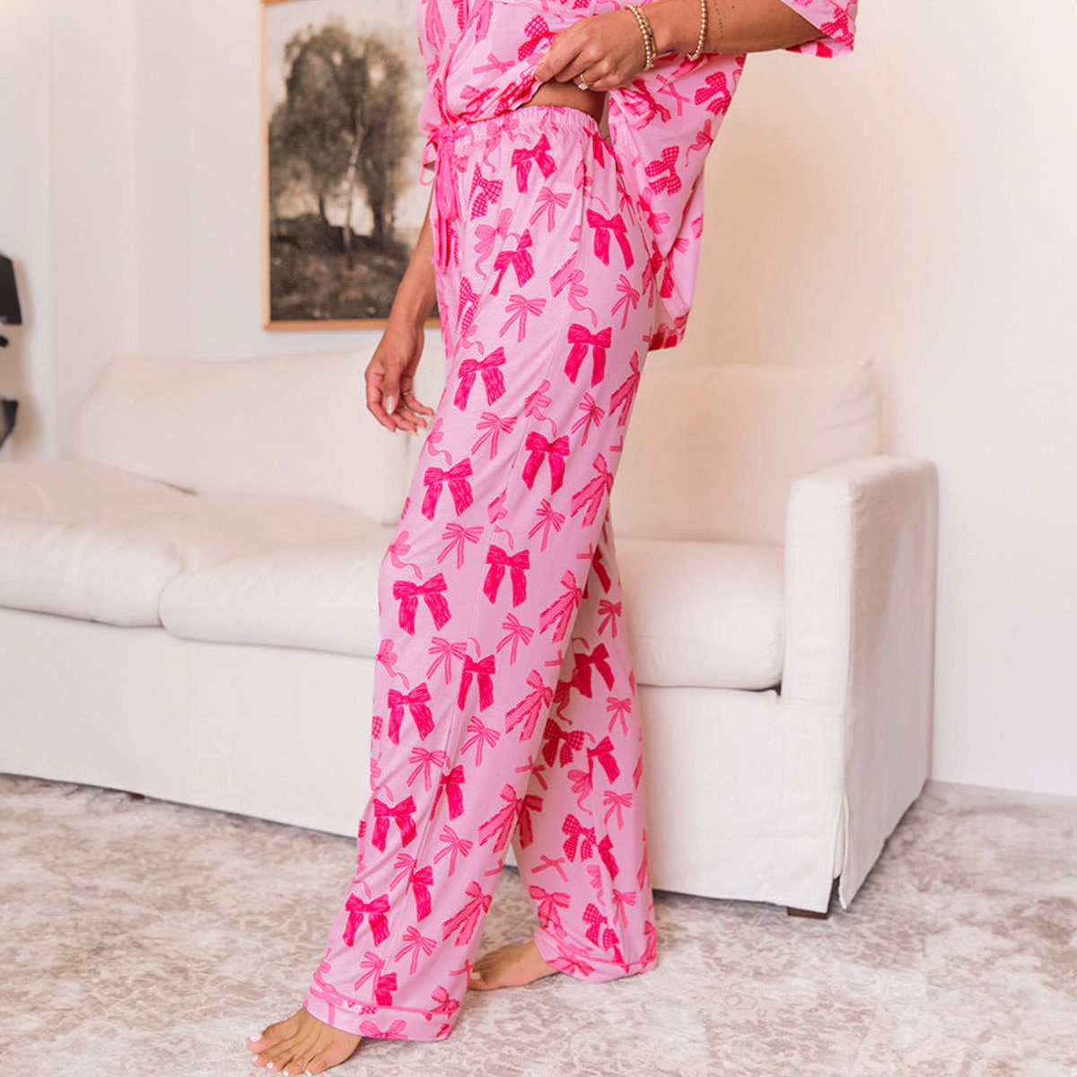Sol Living Womens Bow Knot Print Lapel Collar Pajamas Set