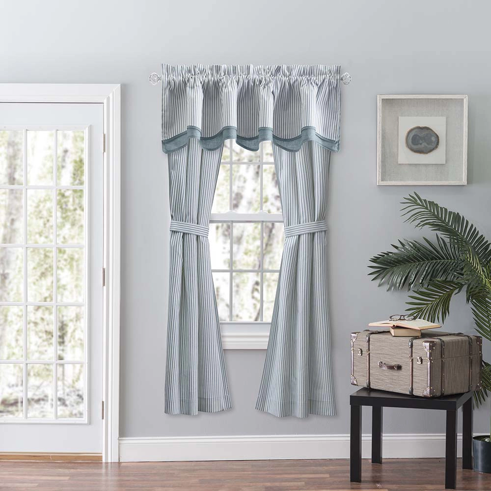 Ellis Curtain Plaza Classic Ticking Stripe Printed on Natural Ground 3" Rod Pocket Tailored Panel Pair 56" x 63" Blue