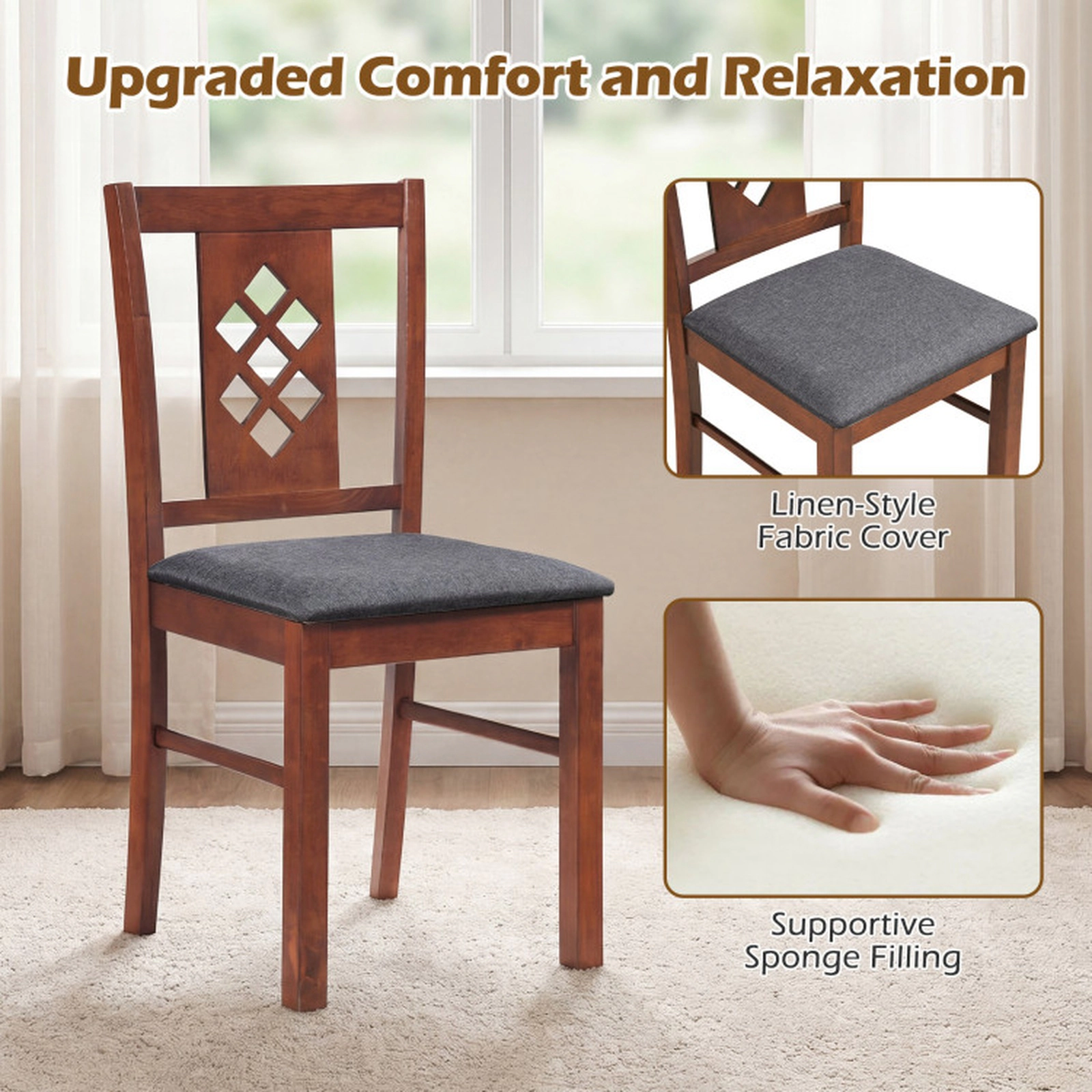 SUGIFT Linen Style Upholstered Dining Chairs with Wood Frames 35-in Tall 330-lb Capacity Set of 2 Cherry + Gray
