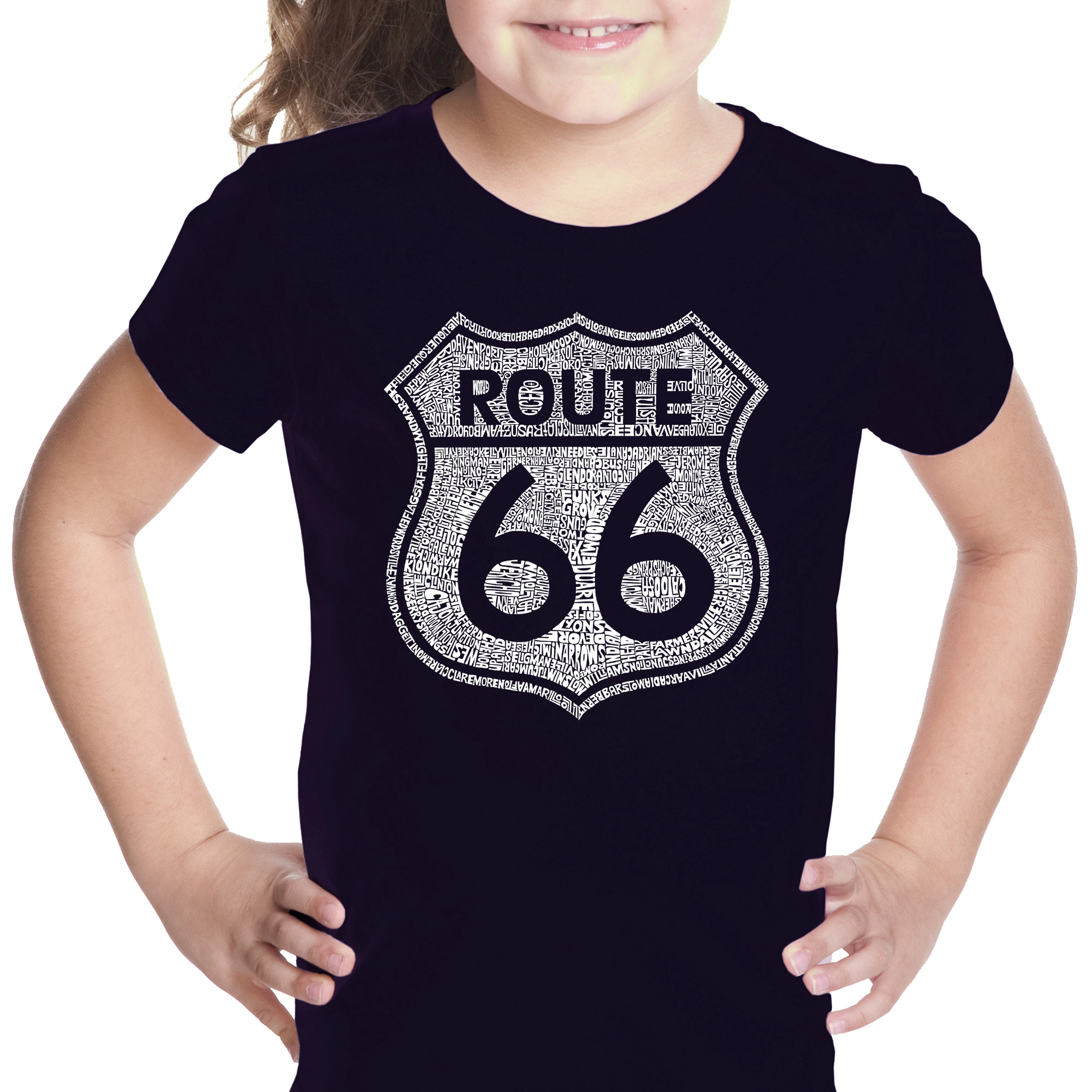 LA Pop Art Girls Word T-Shirt - Cities Along The Legendary Route 66
