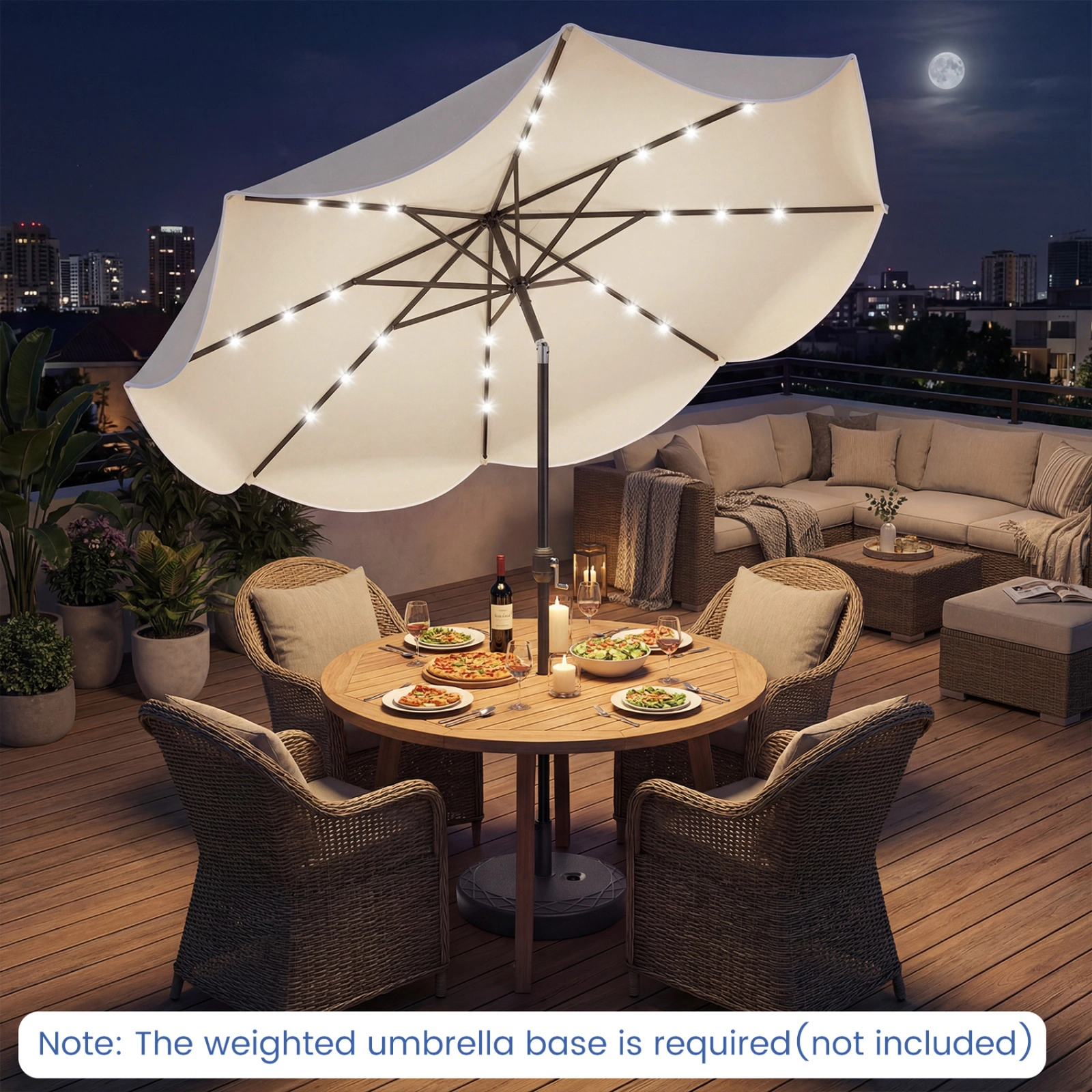 SUGIFT 10-ft Beige Solar Patio Umbrella with 24 LED Lights, Push-Button Tilt and Scalloped Canopy
