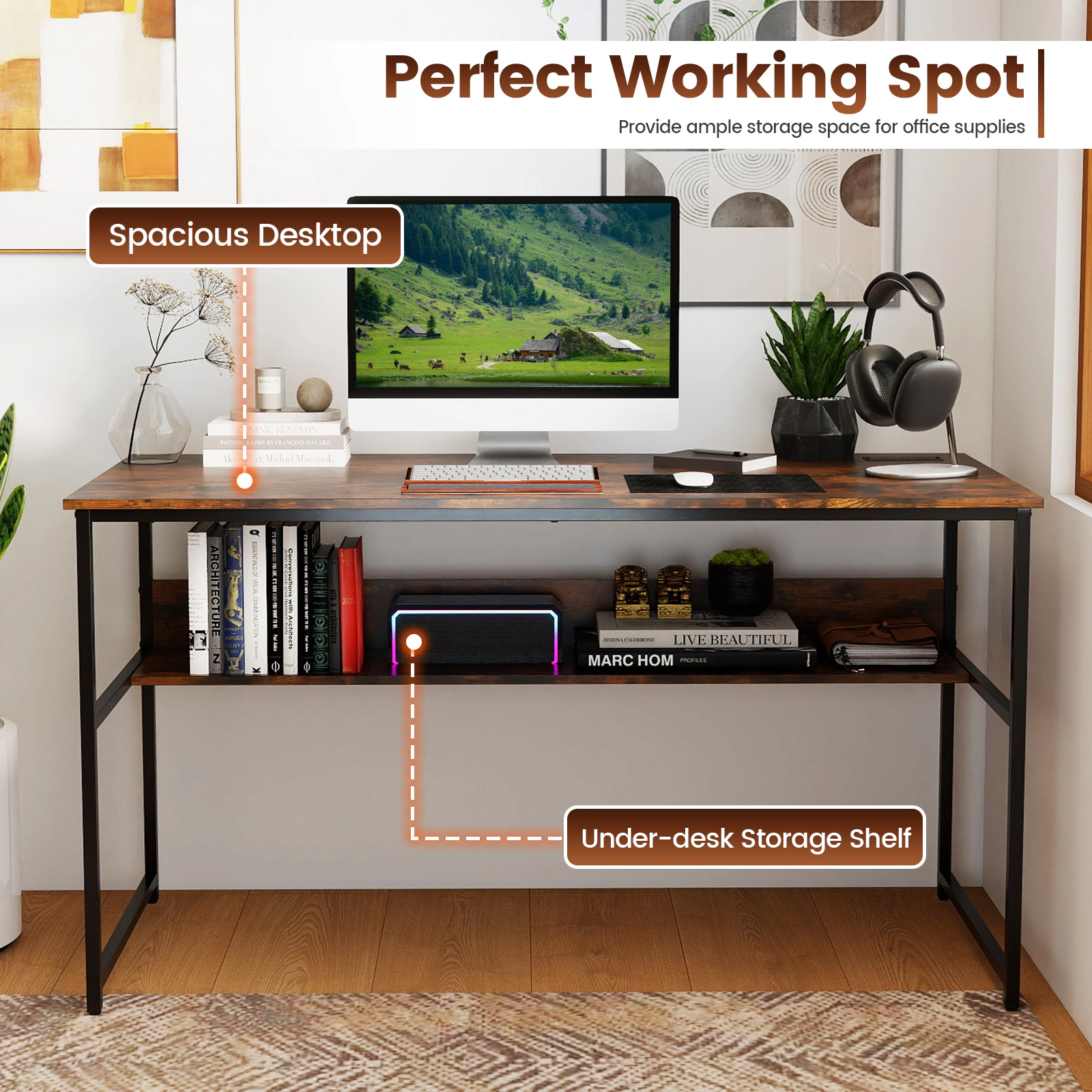 SUGIFT 55-Inch Rustic Brown Computer Desk with Outlets, USB Ports and Storage Shelf