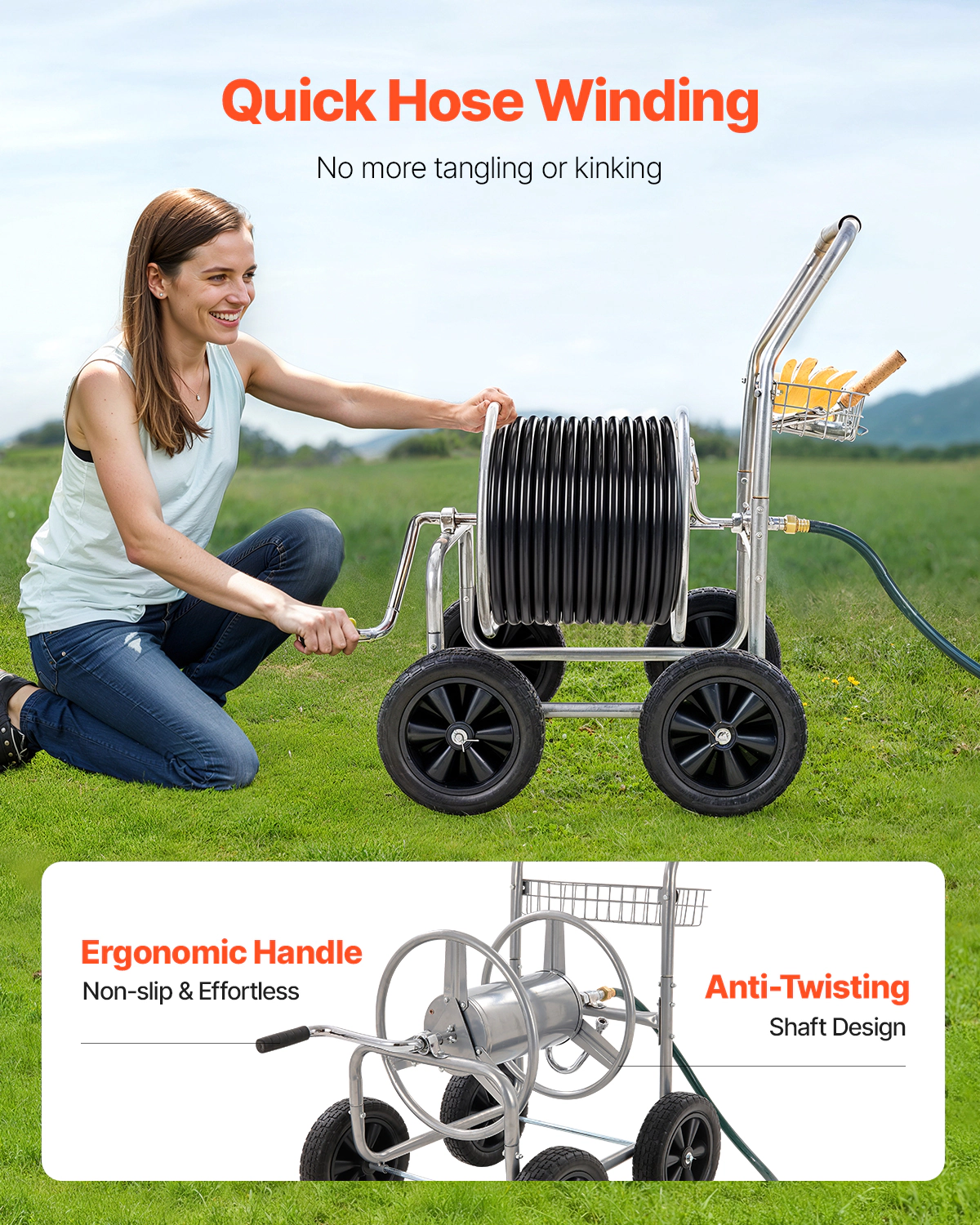 HONGGE Garden Hose Reel Cart, Holds Up to 250 ft of 5/8 in Hose, 4-Wheel Steel Cart with Storage Basket