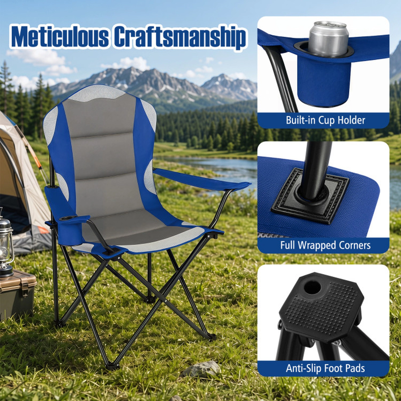 SUGIFT 2 Pieces Folding Camping Chairs for Adults with Cup Holders 330-lb Capacity 36.5-in Tall Navy Blue and Gray