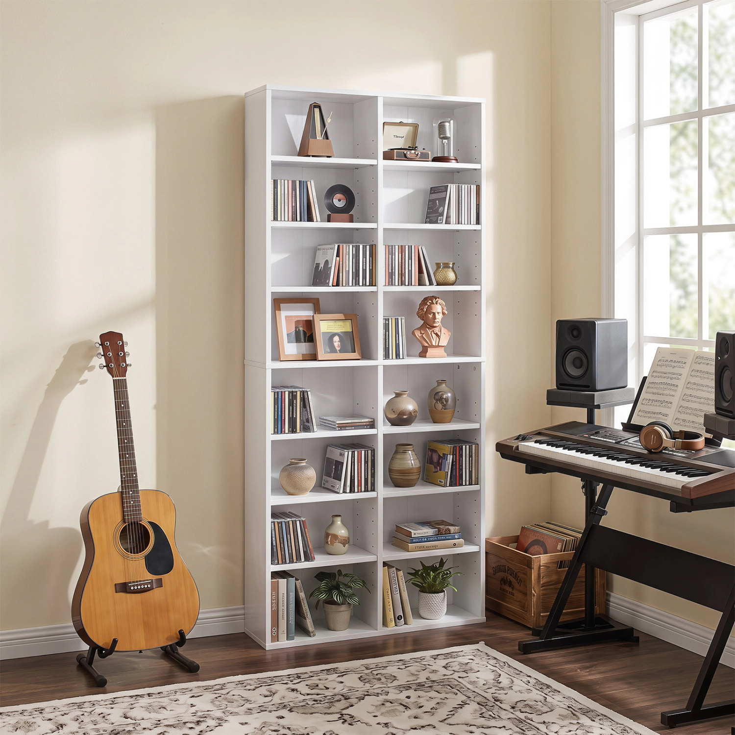 LJG 16 Compartment CD Storage Unit 54" Freestanding Open Display Shelf with 12 Removable Shelves