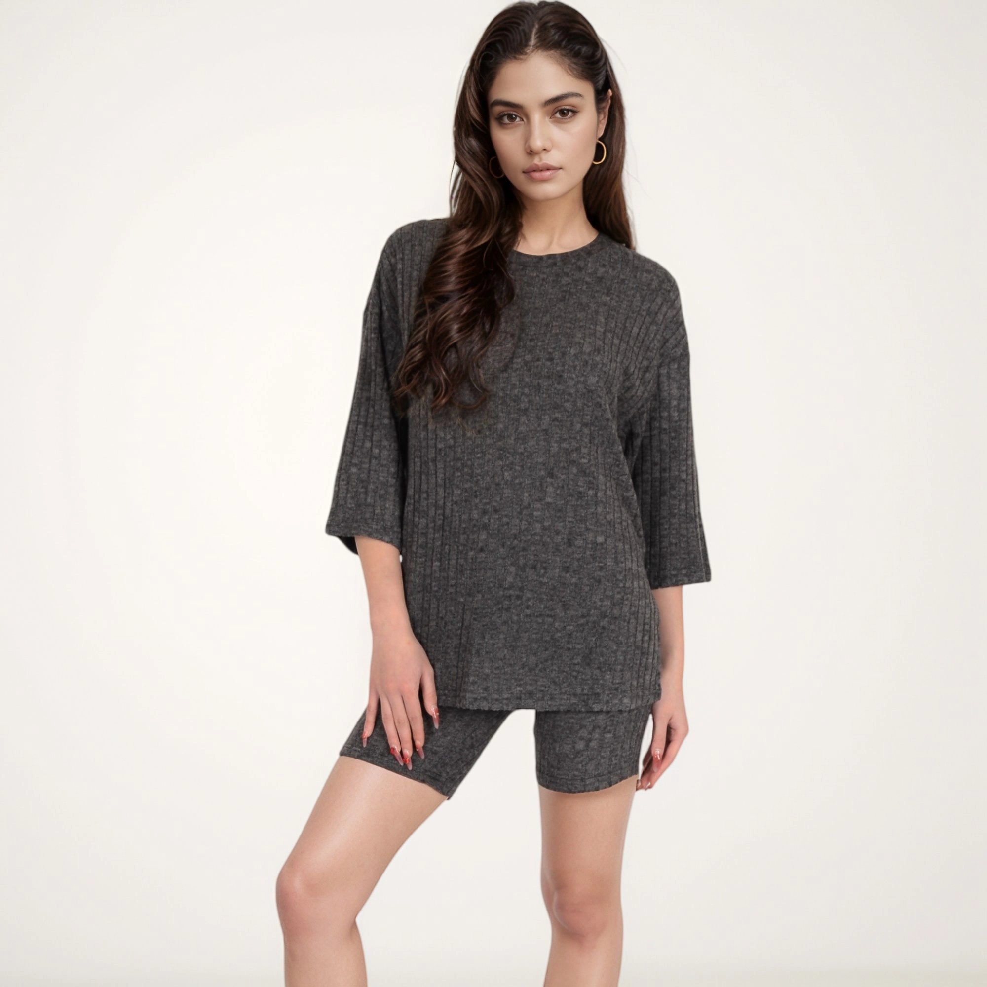 Anna-Kaci Women's Ribbed Knit Lounge Set with 3/4 Sleeve Top and Fitted Shorts