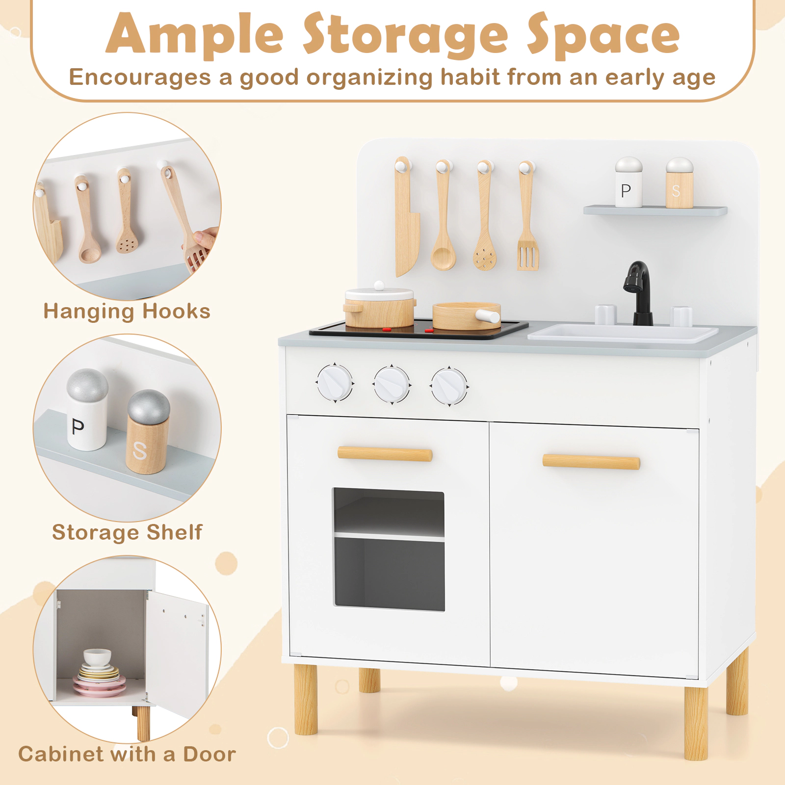 Kids Kitchen Playset with Dual Lighted Stoves Removable Sink Rotatable Faucet and Pine Legs 22-in x 12-in x 30-in White