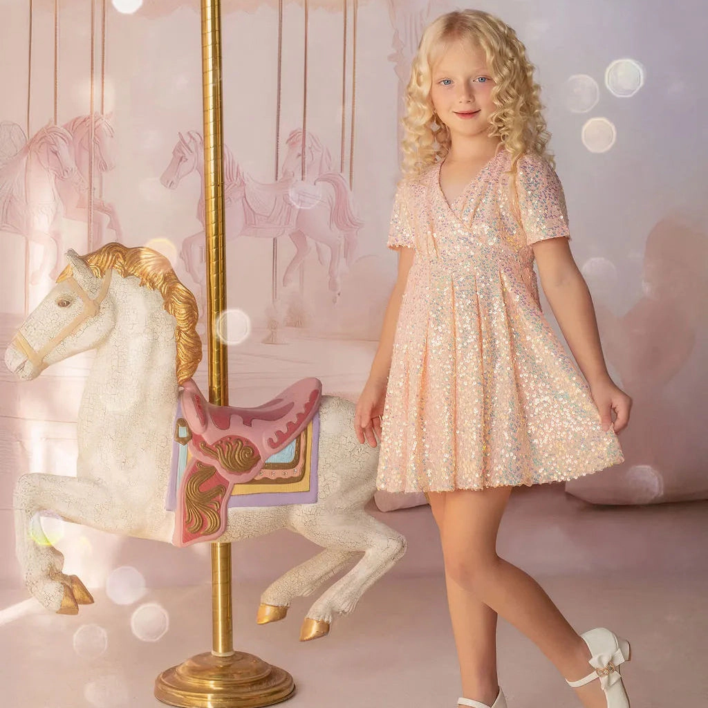 Faeella Girls Shine Like a Star Peach Sequin Birthday Dress