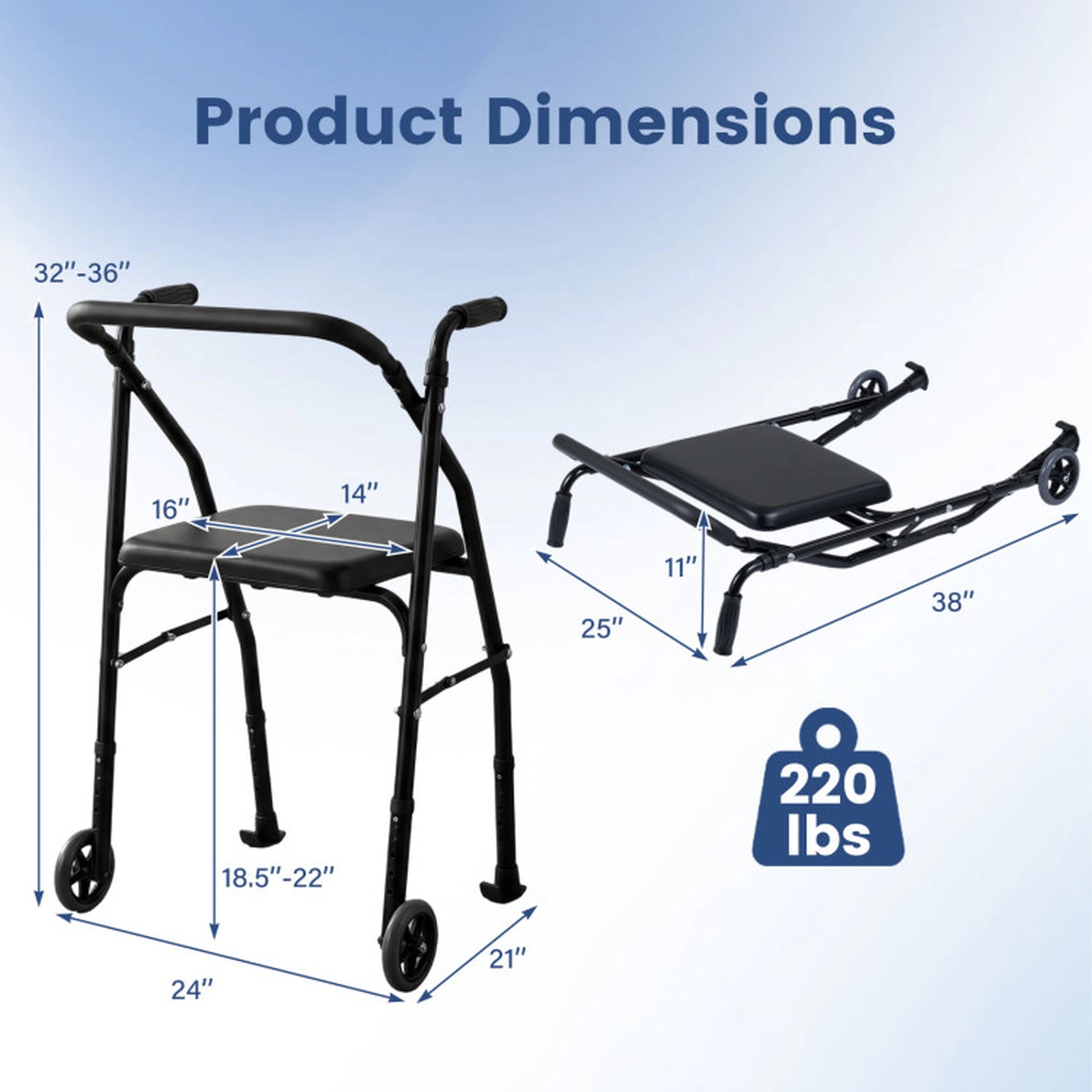 SUGIFT Black Folding Walker with Padded Seat 2 Wheels and 5-Level Handles 24-in W 21-in D 220-lb Seat Capacity