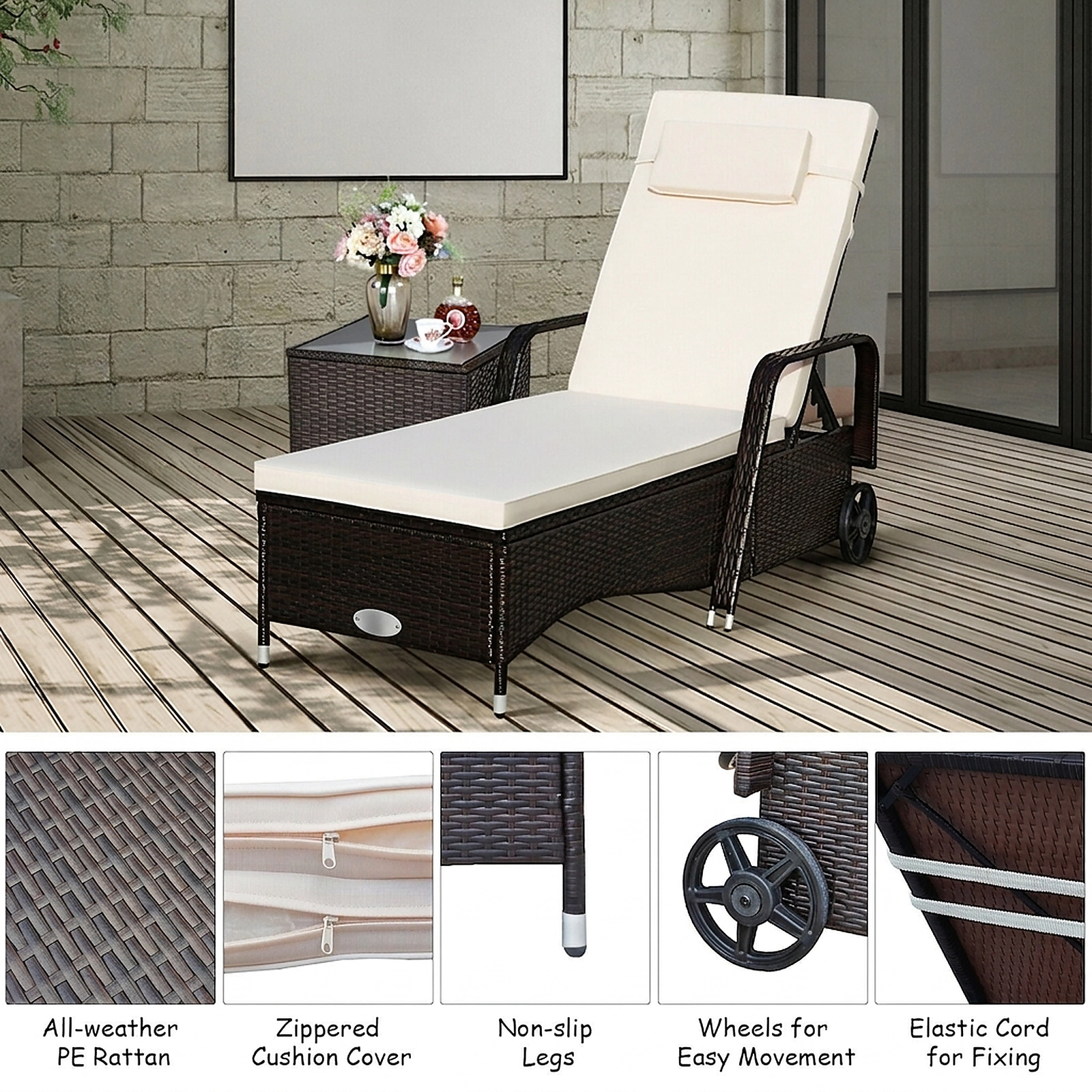 SUGIFT Brown Outdoor Chaise Lounge, PE Rattan, Galvanized Steel Frame, 6-Position Reclining Backrest