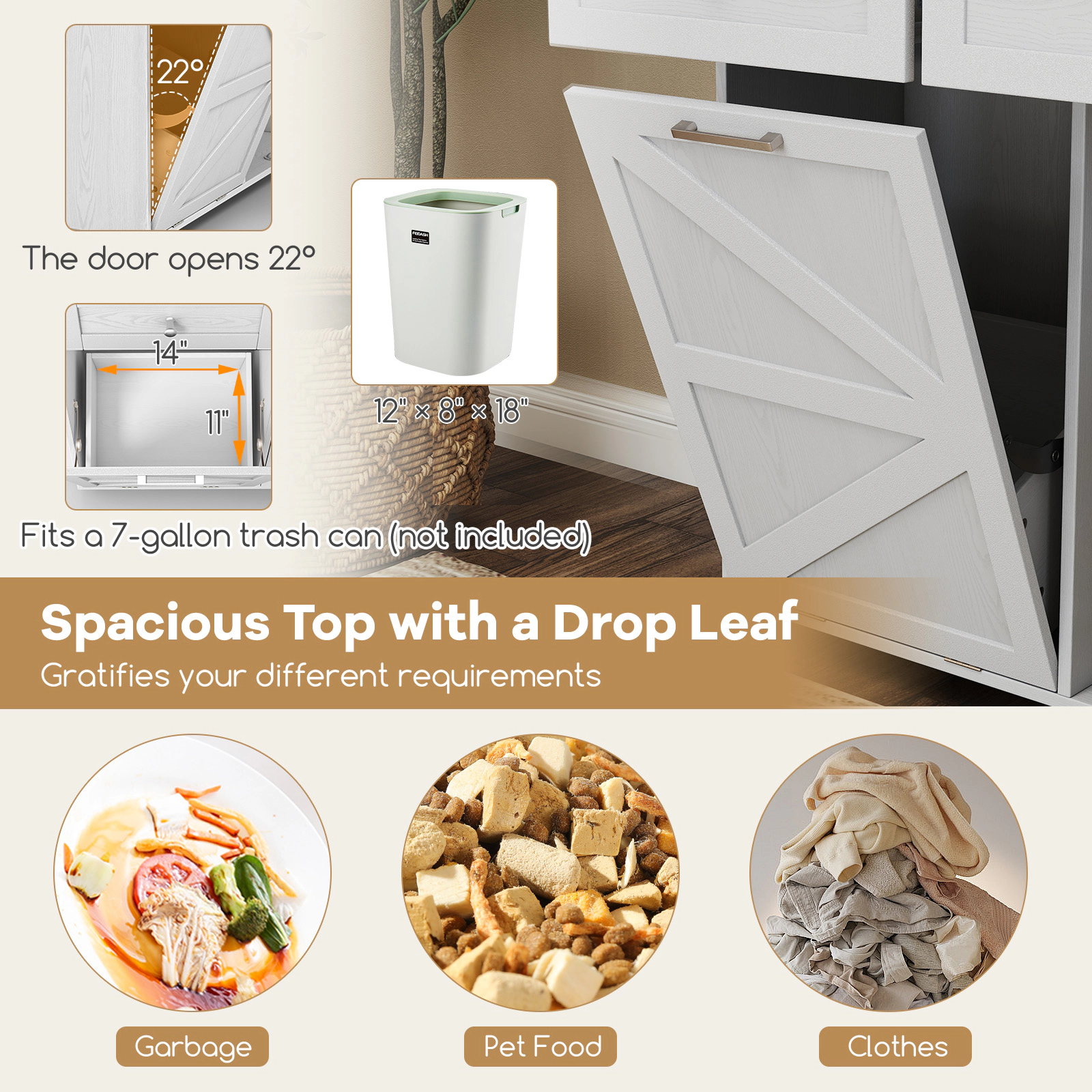 SUGIFT Rolling Kitchen Island Gray with Trash Can Cabinet Drop Leaf and Rubber Wheels