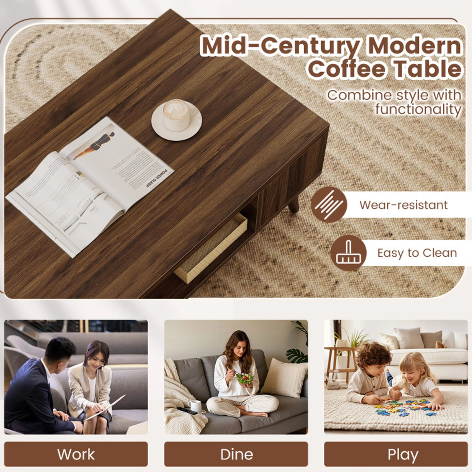 SUGIFT Mid Century Modern Rectangular Coffee Table with Open Compartment and Side Shelves 88-lb Tabletop Capacity Walnut