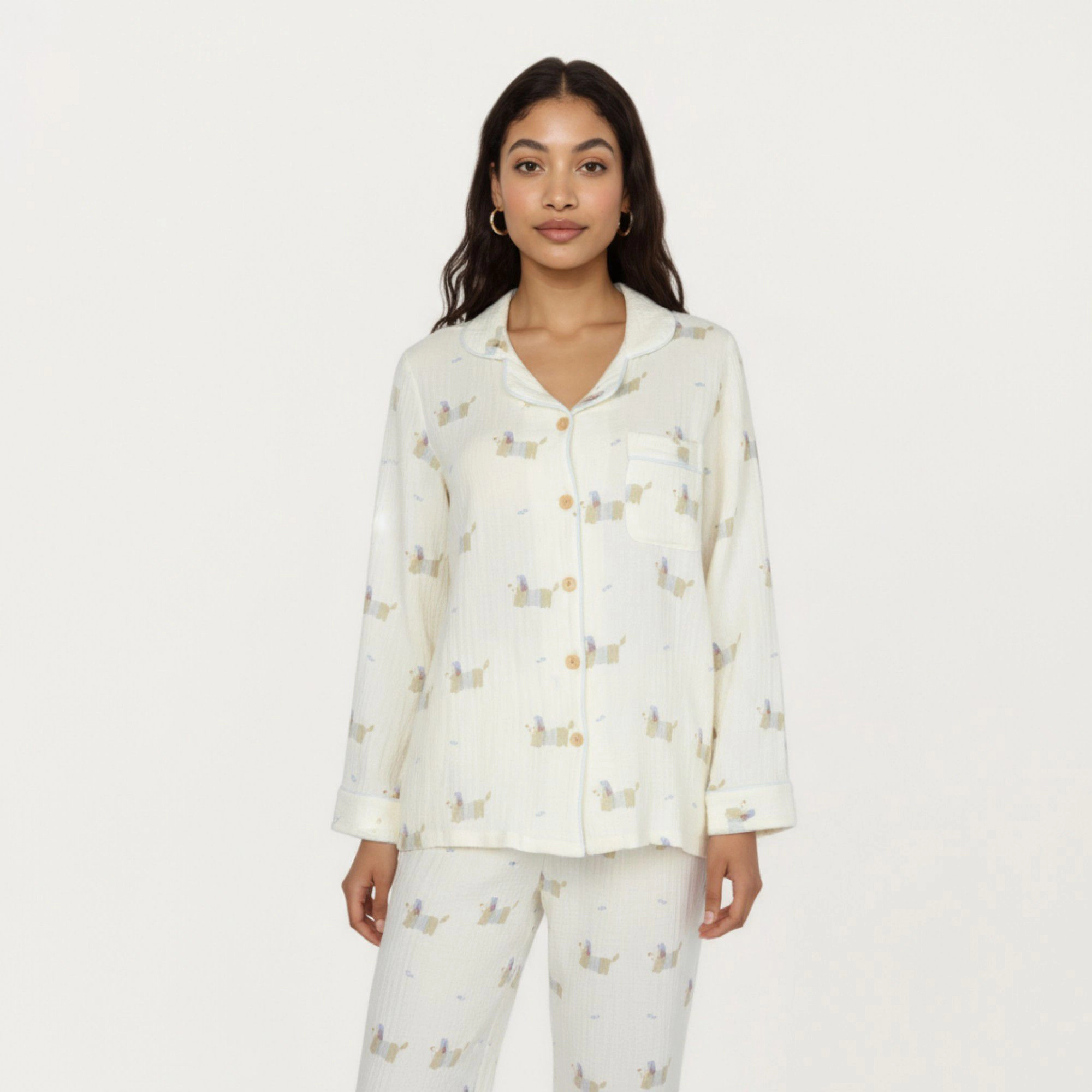Anna-Kaci Women's 2-Piece Long Sleeve Button Front Top and Relaxed Fit Pants Pajama Set with Dog Print