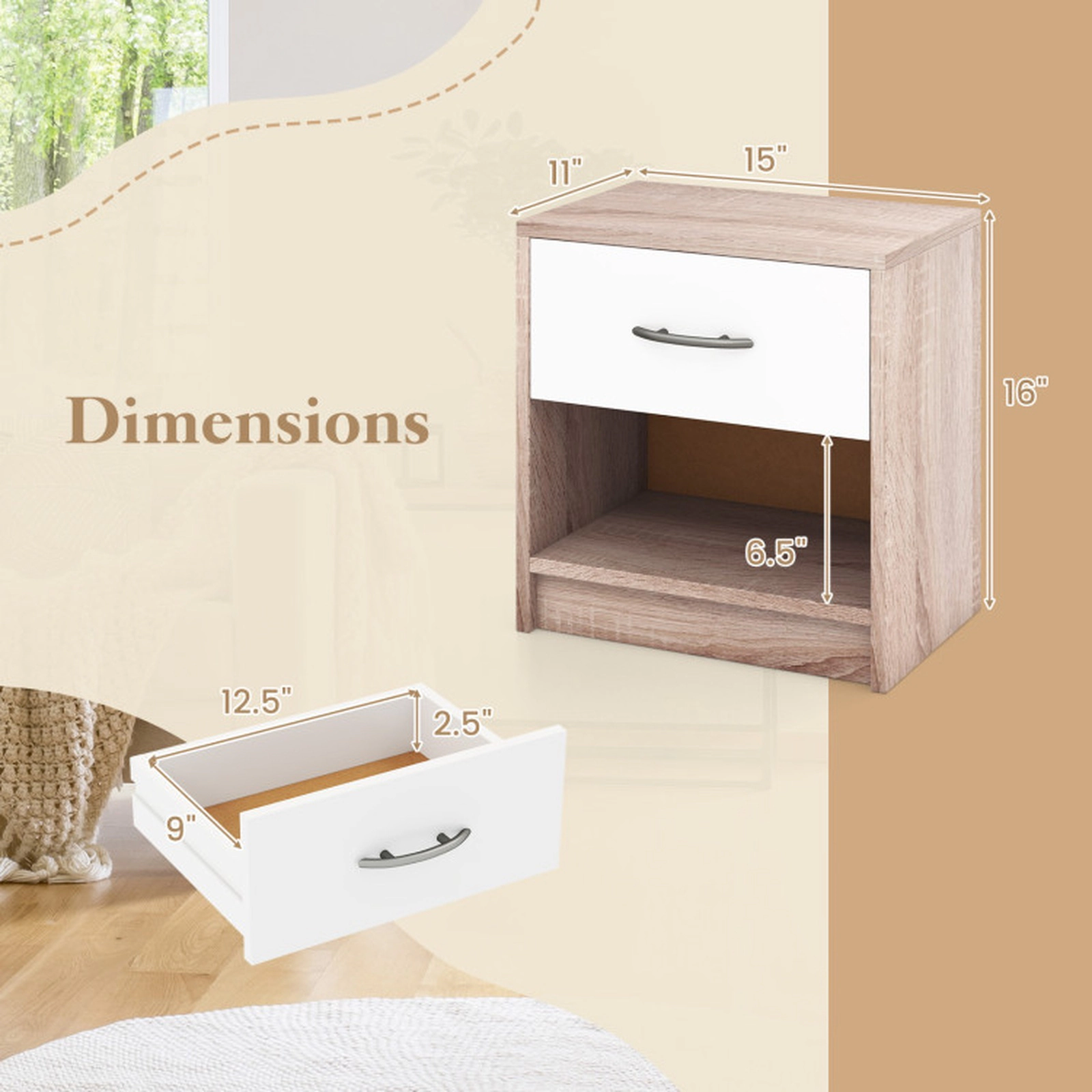 SUGIFT Drawer and Open Storage Shelf Compact Bedside Table Nightstand
