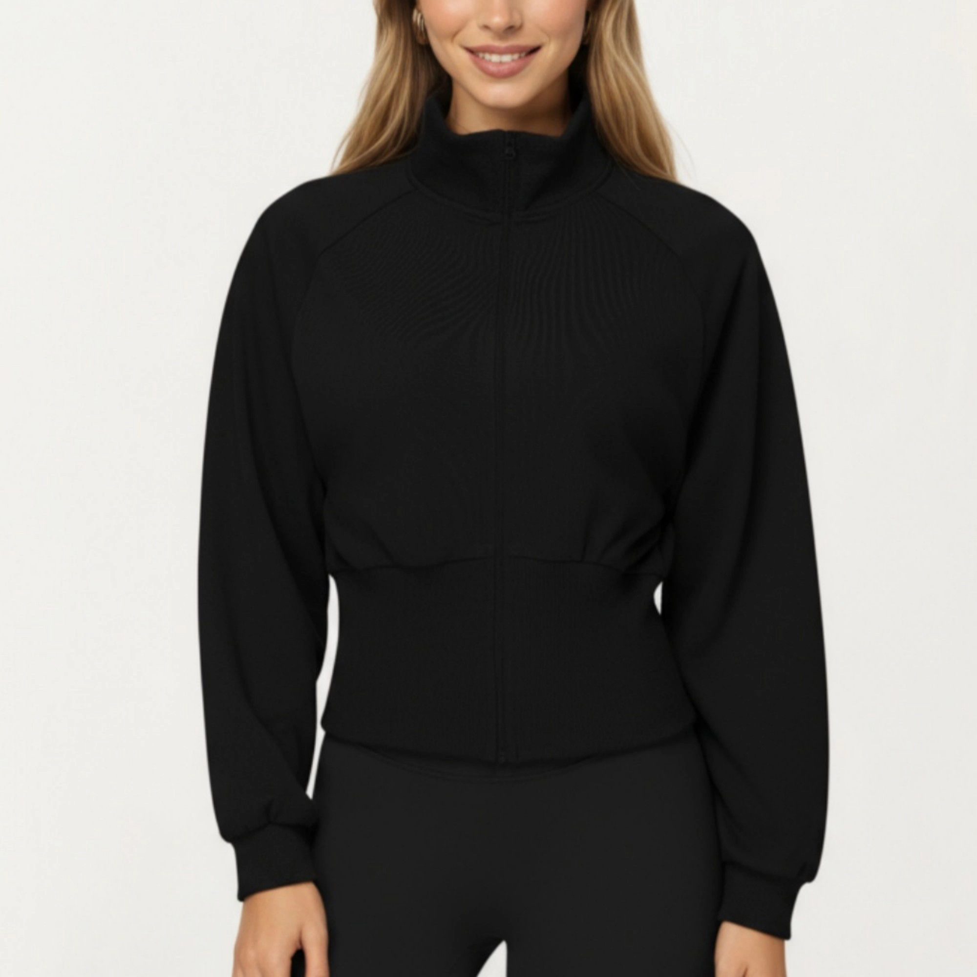 Anna-Kaci Women's High Neck Long Sleeve Zip-Up Jacket with Fitted Waistband and Soft Knit Fabric