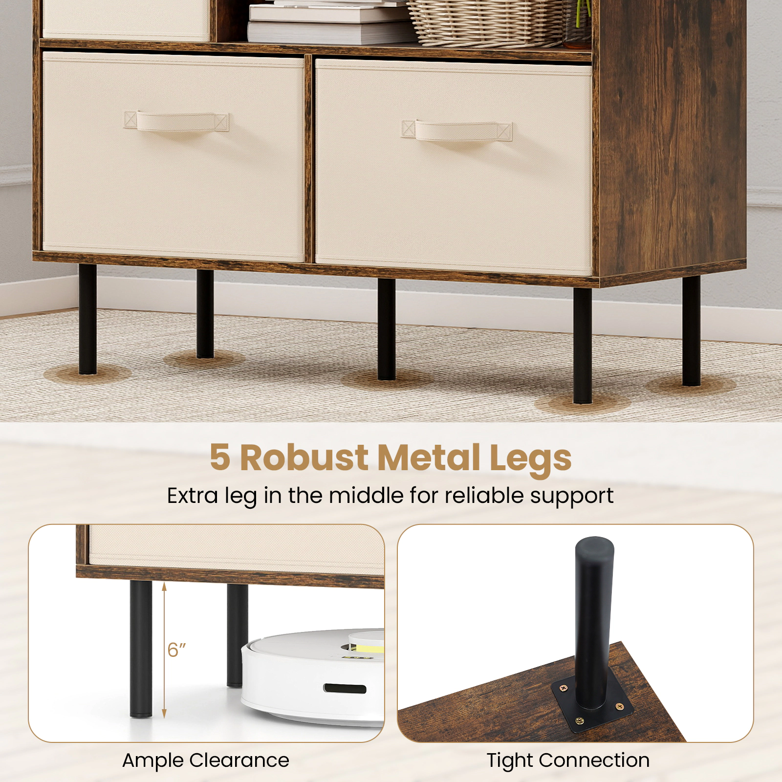 SUGIFT 6-Cube Bookshelf with 3 Removable Folding Fabric Drawers 330-lb Capacity Rustic Brown
