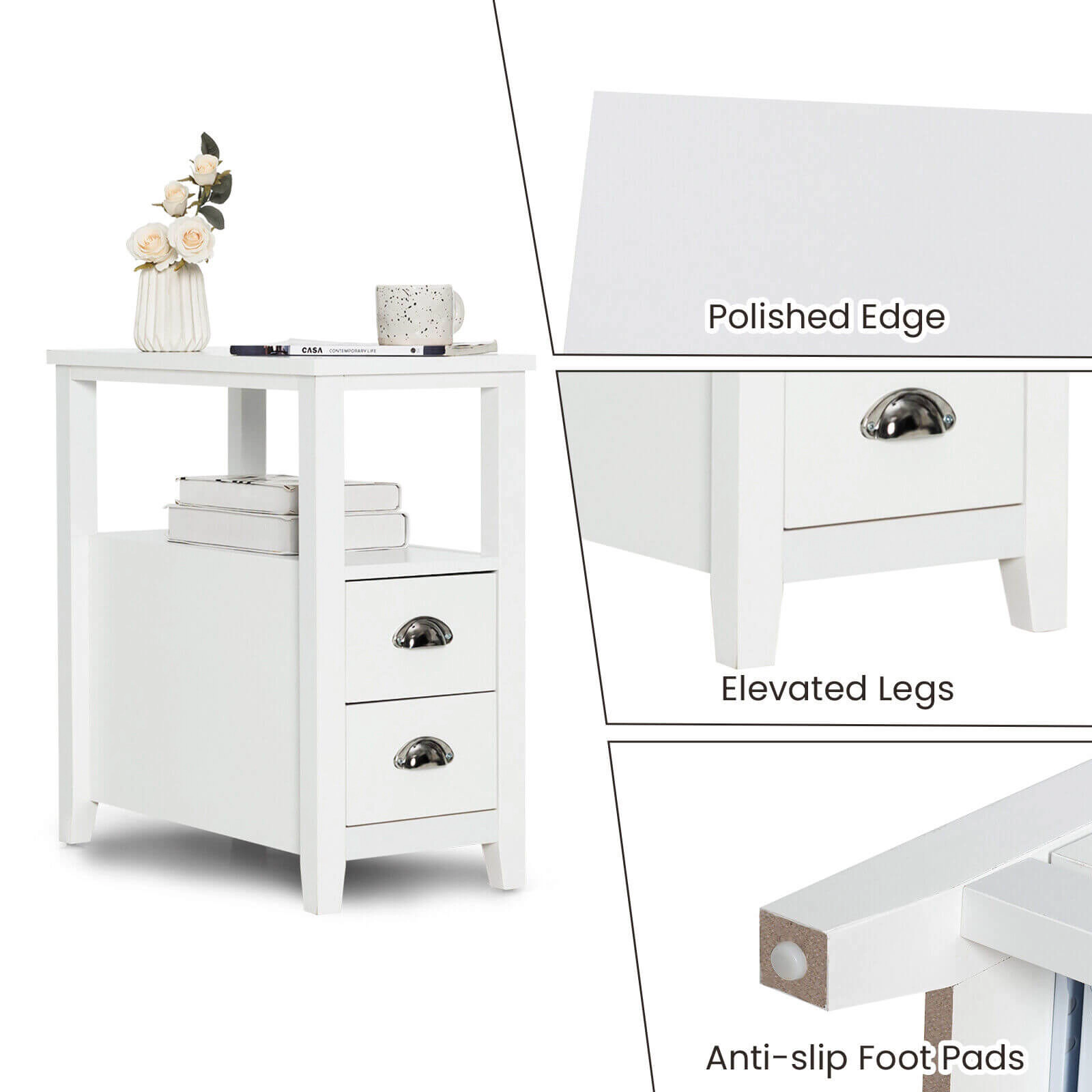 SUGIFT 2-Drawer Wooden End Table Nightstand with Shelf 33-lb Tabletop Capacity 23.5 x 12 x 24 in Frame White