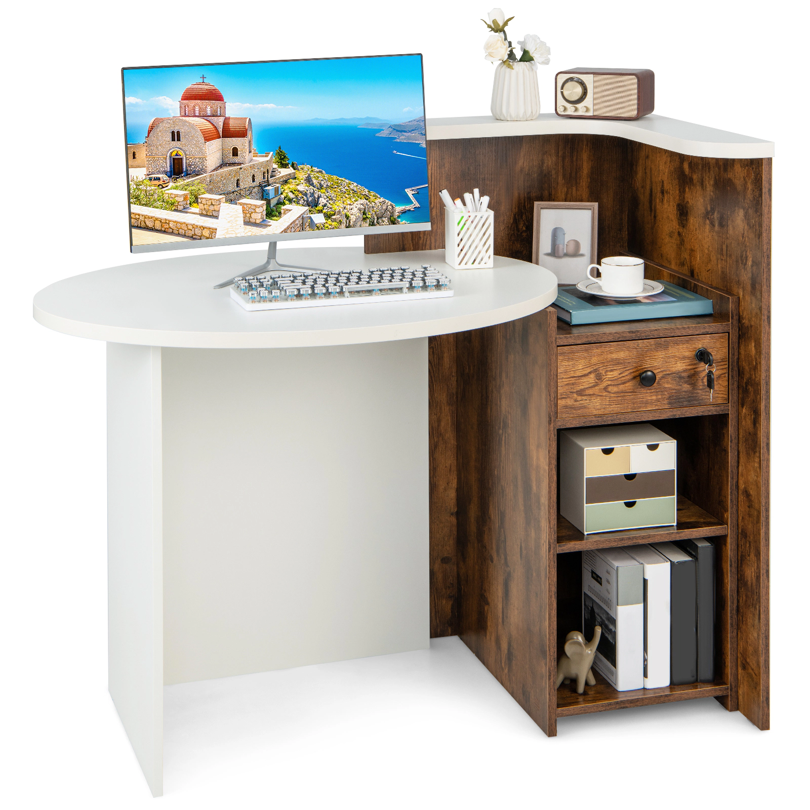 SUGIFT 110-lb Capacity 48-in Front Desk with Oval Counter Top Lockable Drawer and L-Shaped Corner Shelf