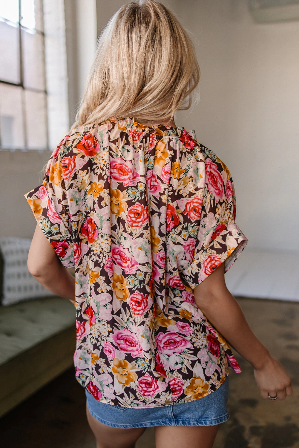 Threaded Pear Women's Rhea Floral  Crew Neck Blouse