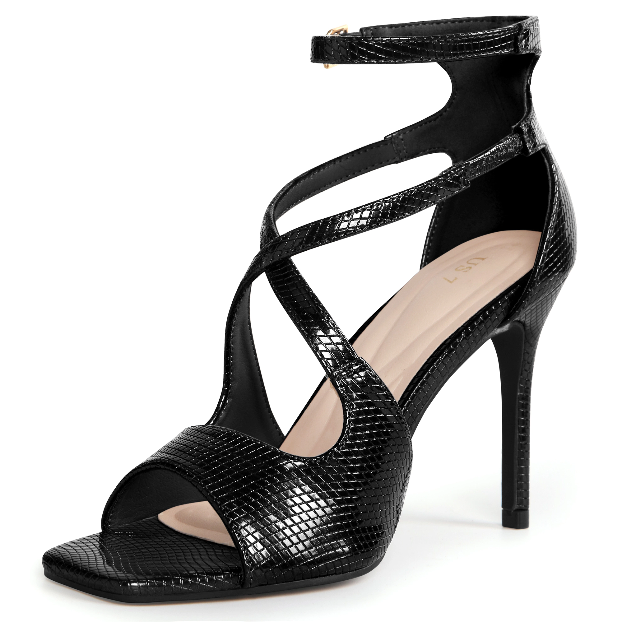 BLISSFUL STEP Women's Ankle Strap Square Toe Crisscross Stiletto Heel Sandals