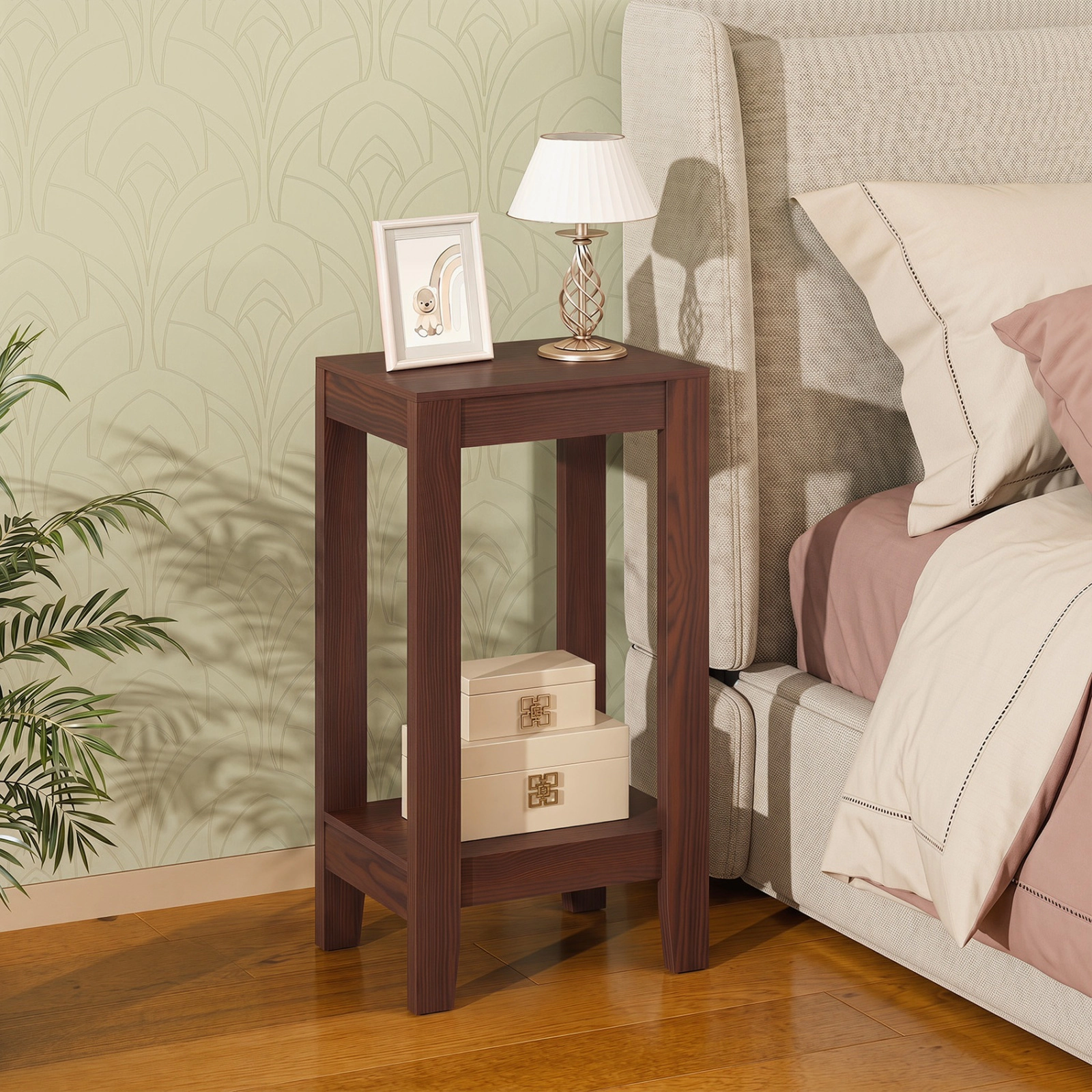 SUGIFT Tall Wooden Sofa End Table Side Table with Shelf 29-in Tall 55-lb Tabletop Capacity Brown/Black/White