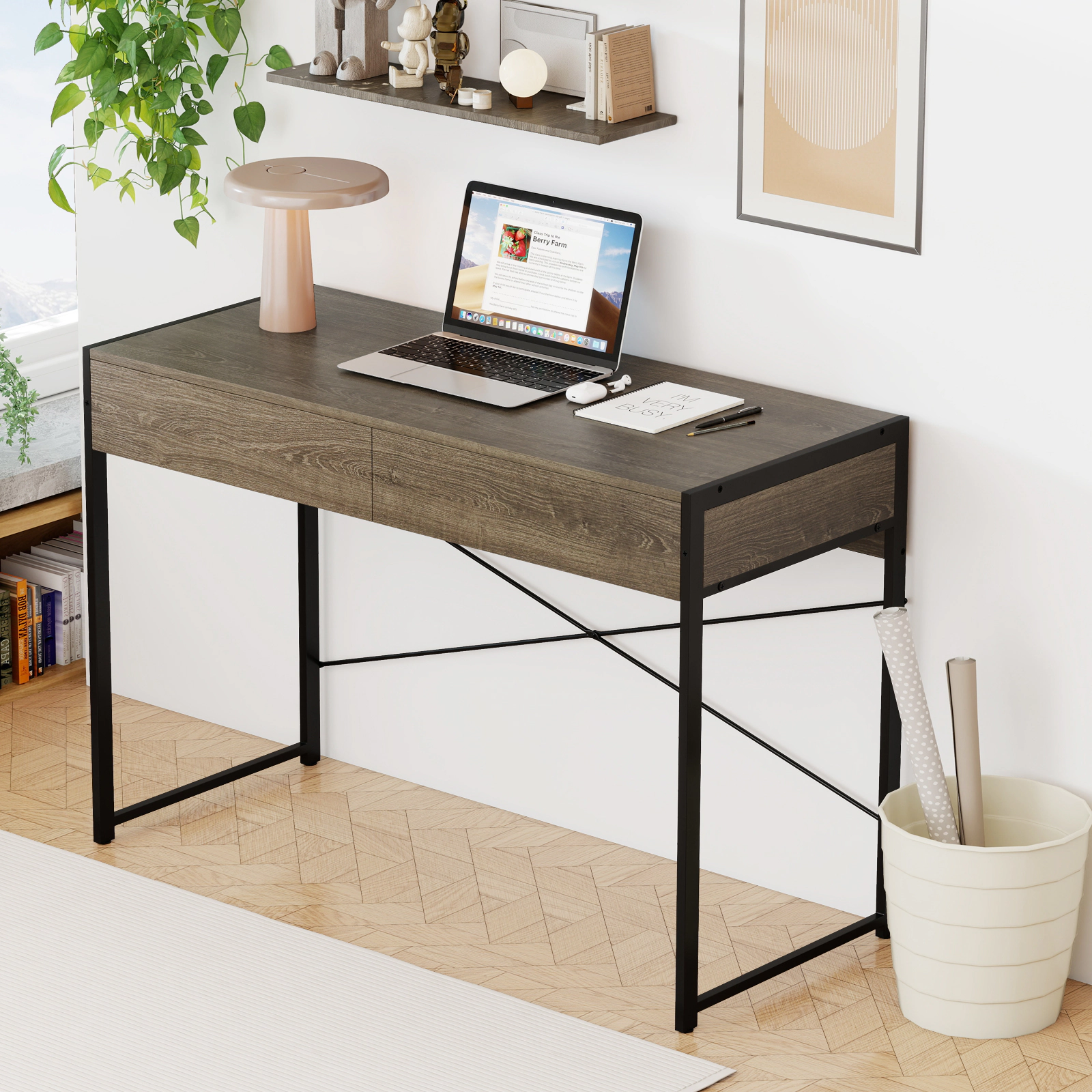 LJG Computer Desk with 2 Drawers 44 Inch Home Office Desk with Metal Frame