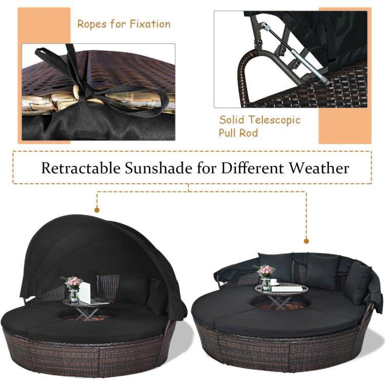 Hivvago Patio Round Rattan Daybed With Retractable Canopy And Height Adjustable Coffee Table