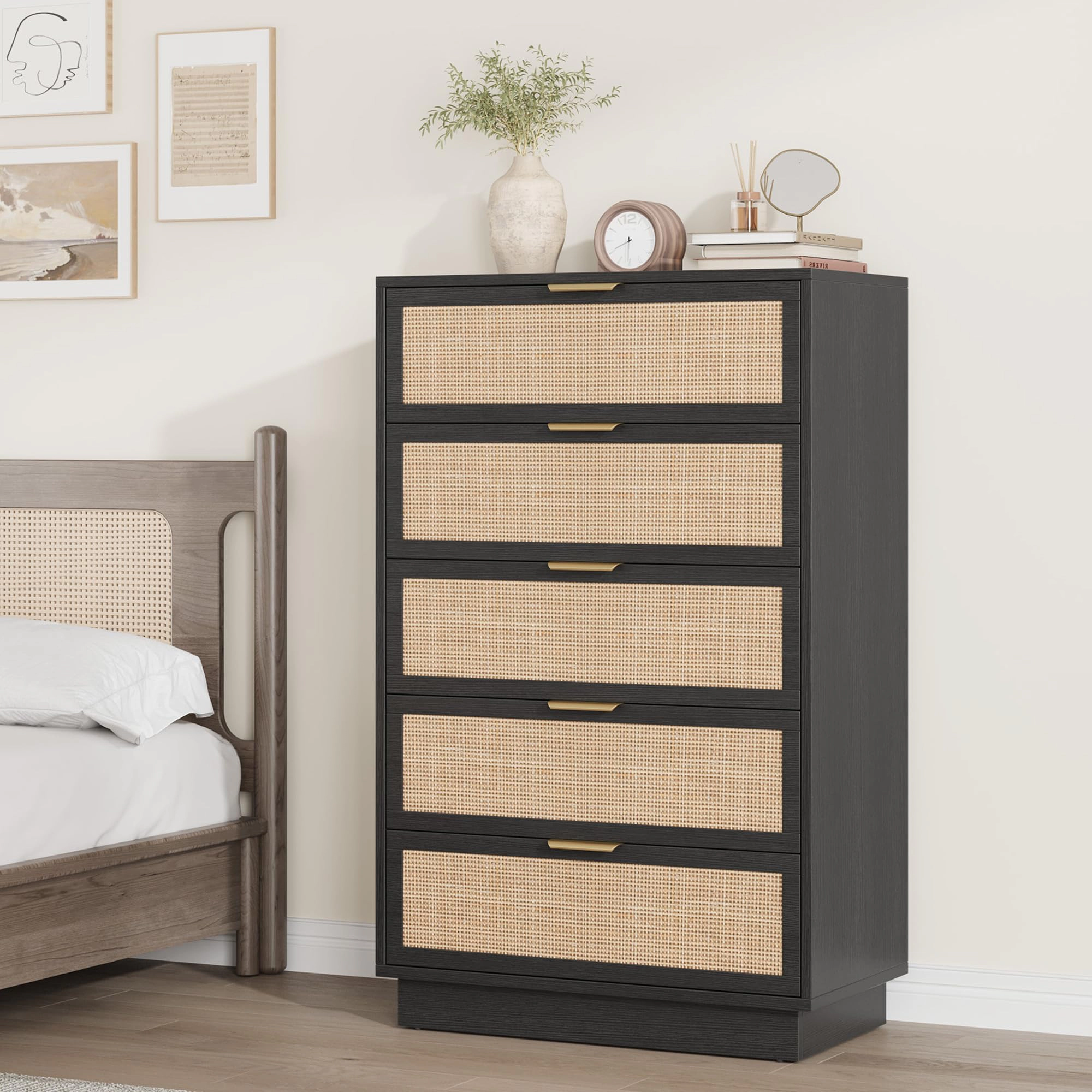 5 Drawer Rattan Dresser with Integrated Legs, Natural Wooden Storage Chest for Bedroom Entryway Closet