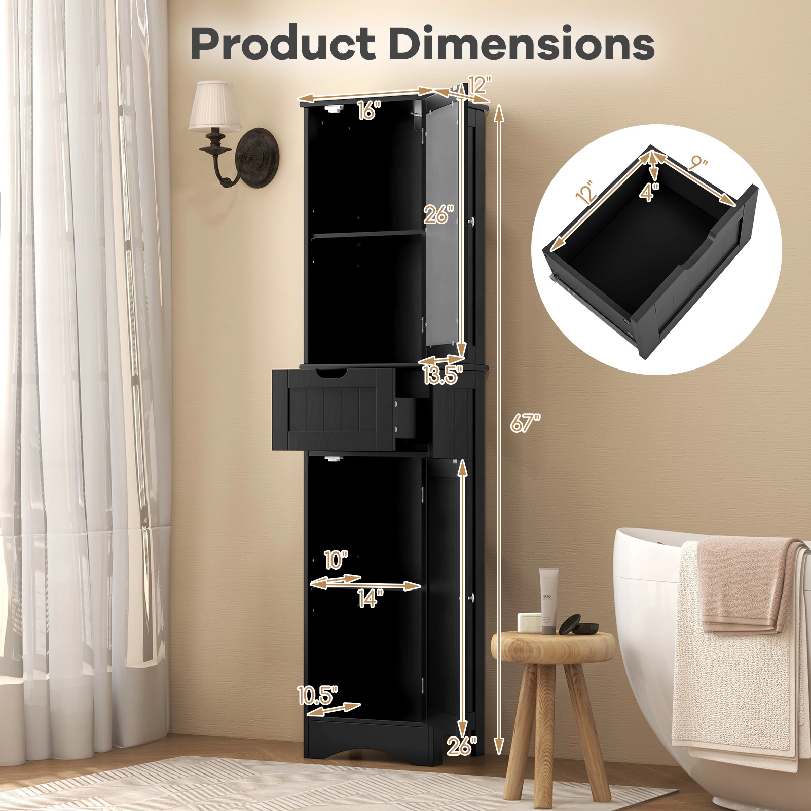 SlickBlue Tall Storage Cabinet with Glass Doors and Drawer