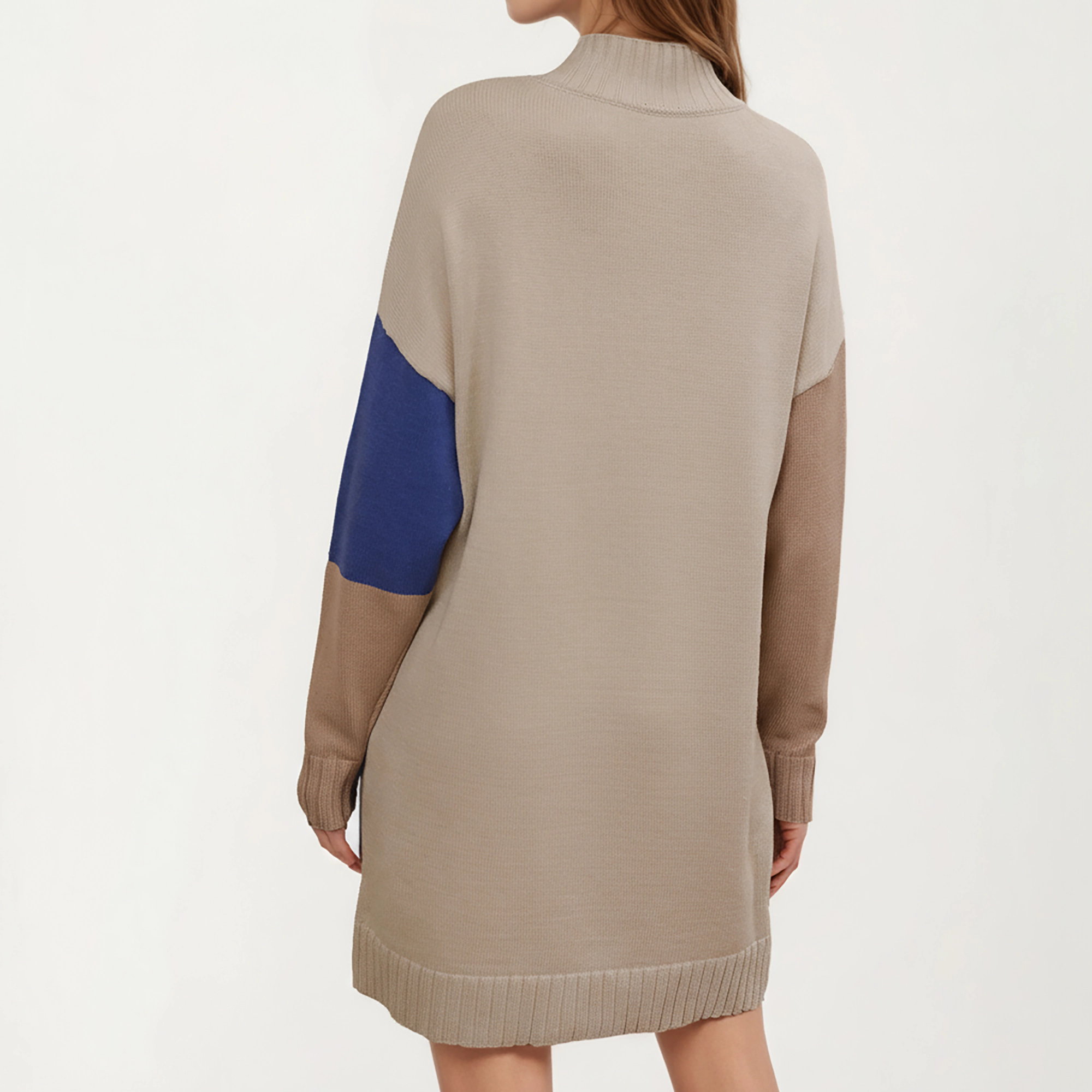 Anna-Kaci Women's Colorblock Knit Long Sleeves Ribbed Edges Straight Sweater Dress